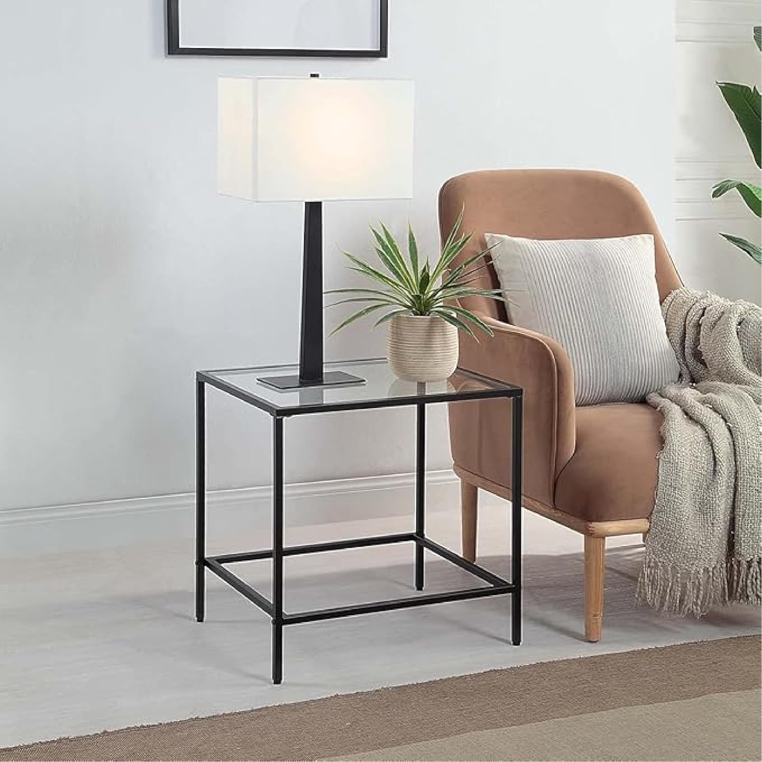 CAWS Mesa auxiliar negra de 22 pulgadas de ancho, mesa auxiliar rectangular de vidrio templado, mesita de noche, mesa minimalista moderna, 21.97