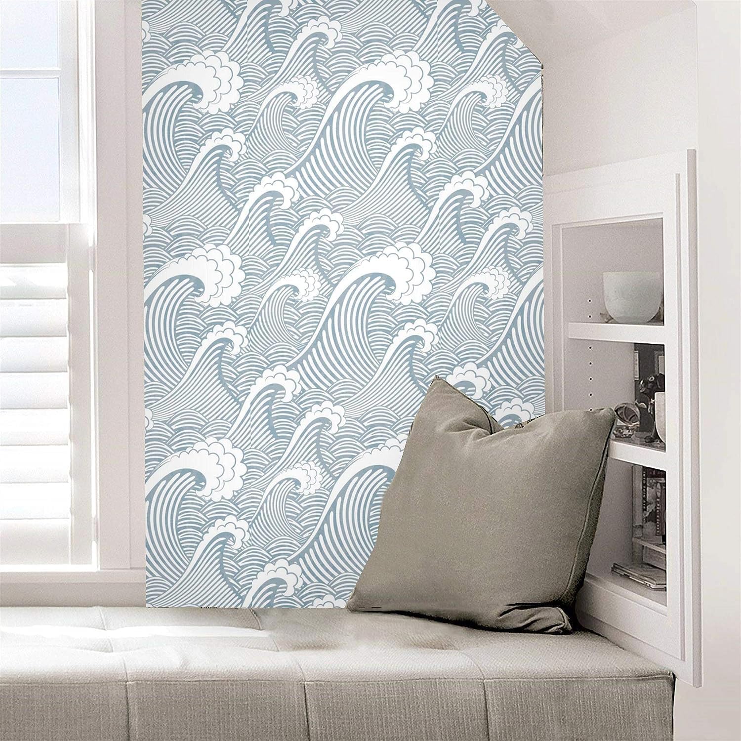 Blooming Wall PS030 – Papel pintado a mano para despegar y pegar, sin costuras, color azul y blanco, papel pintado autoadhesivo con olas, papel