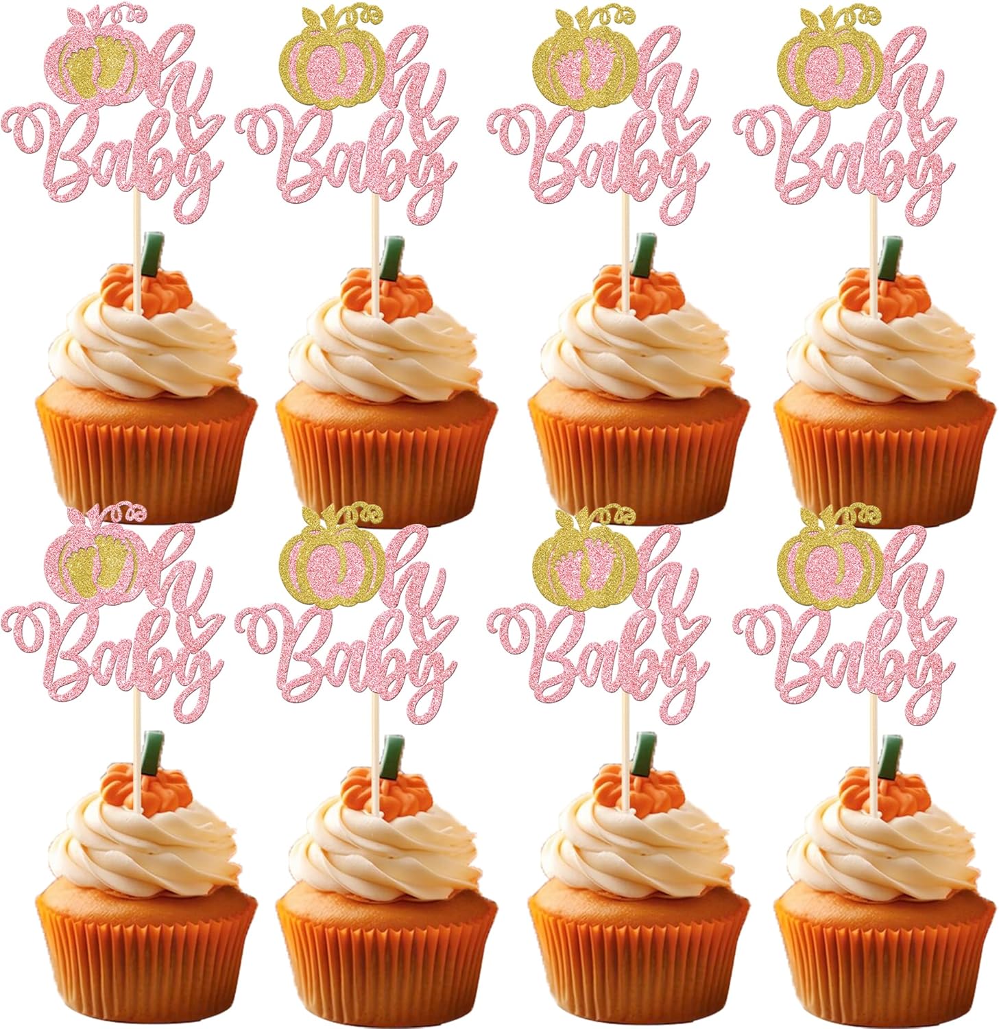 Paquete de 24 adornos para cupcakes de calabaza Oh Baby con purpurina para revelación de género, palillos de dientes, decoración de pastel de baby