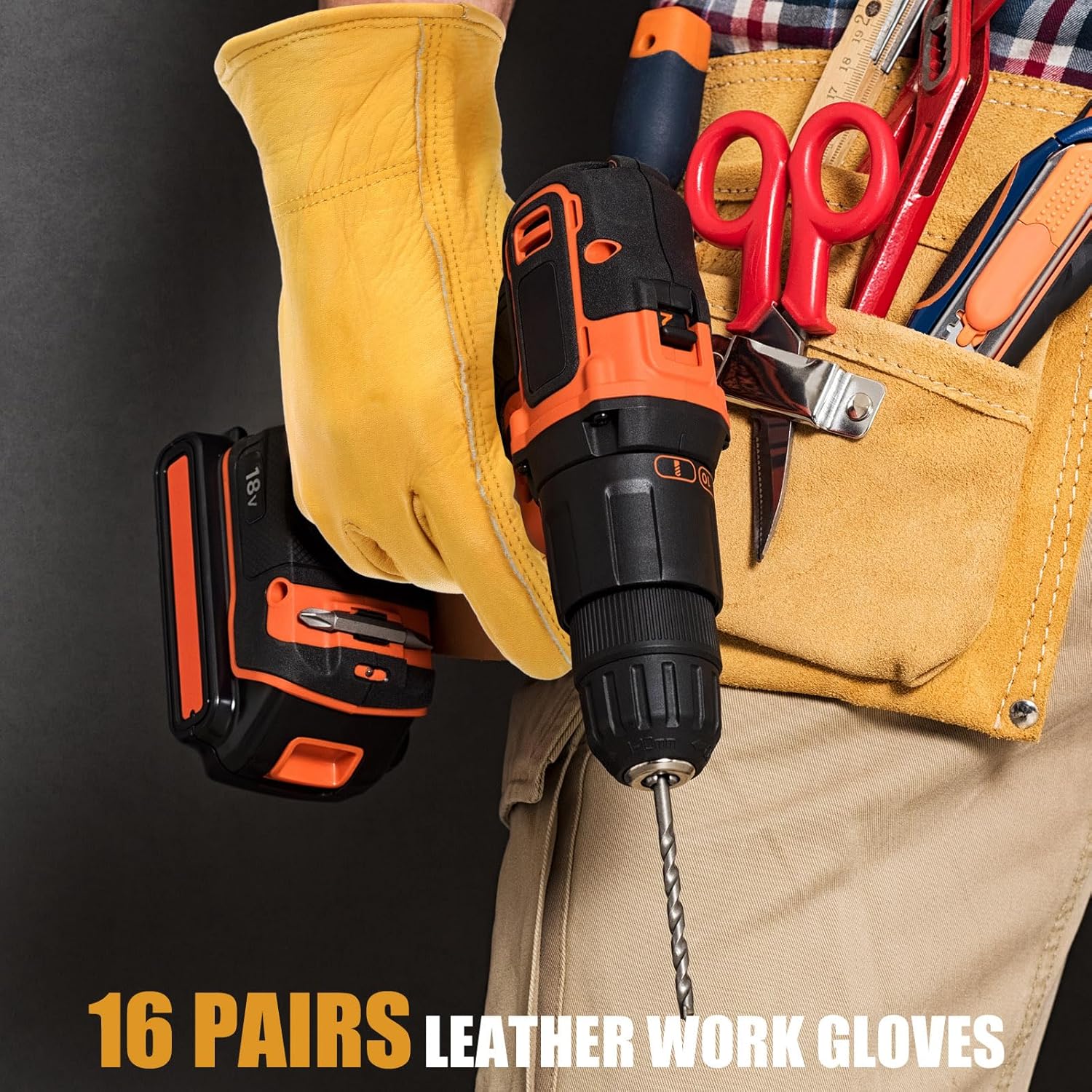 16 pares de guantes de cuero de vaca a granel para hombres, guantes de cuero de jardinería para trabajo, resistentes a cortes, construcción,