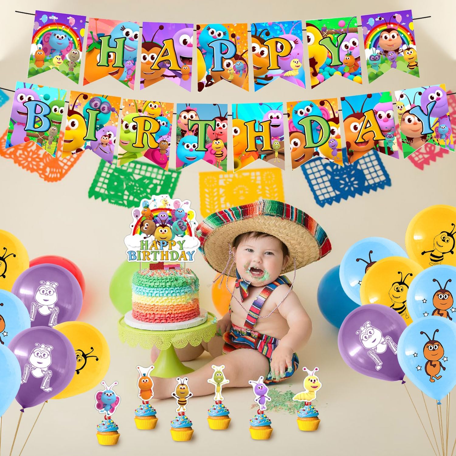 Bichi – Juego de decoraciones para fiestas, divertidos suministros de cumpleaños con temática de Bichi para niños, insectos de dibujos animados,