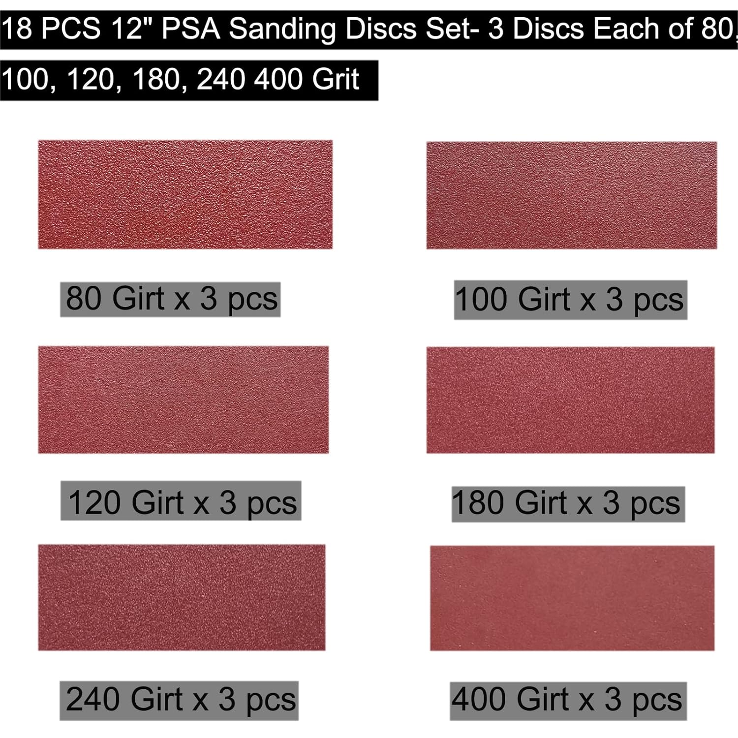 18 discos de lija PSA de 12 pulgadas, 3 de cada uno de 80, 100, 120, 180, 240, 400, discos de papel de lija de 12 pulgadas con autoadhesivo PSA para