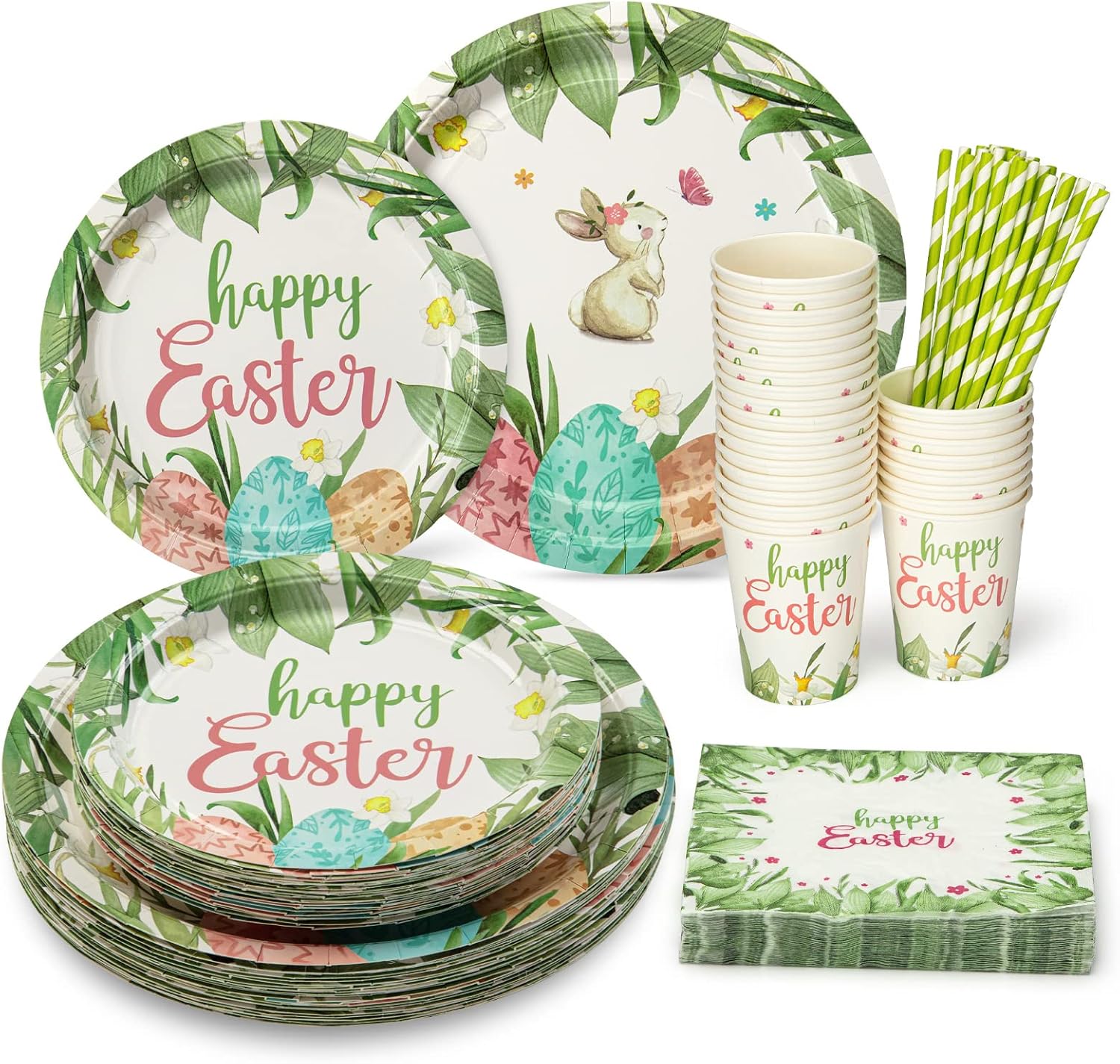 Juego de vajilla desechable de Pascua de 125 piezas, platos de papel para decoración de Pascua, suministros para fiesta de Pascua, incluye platos,