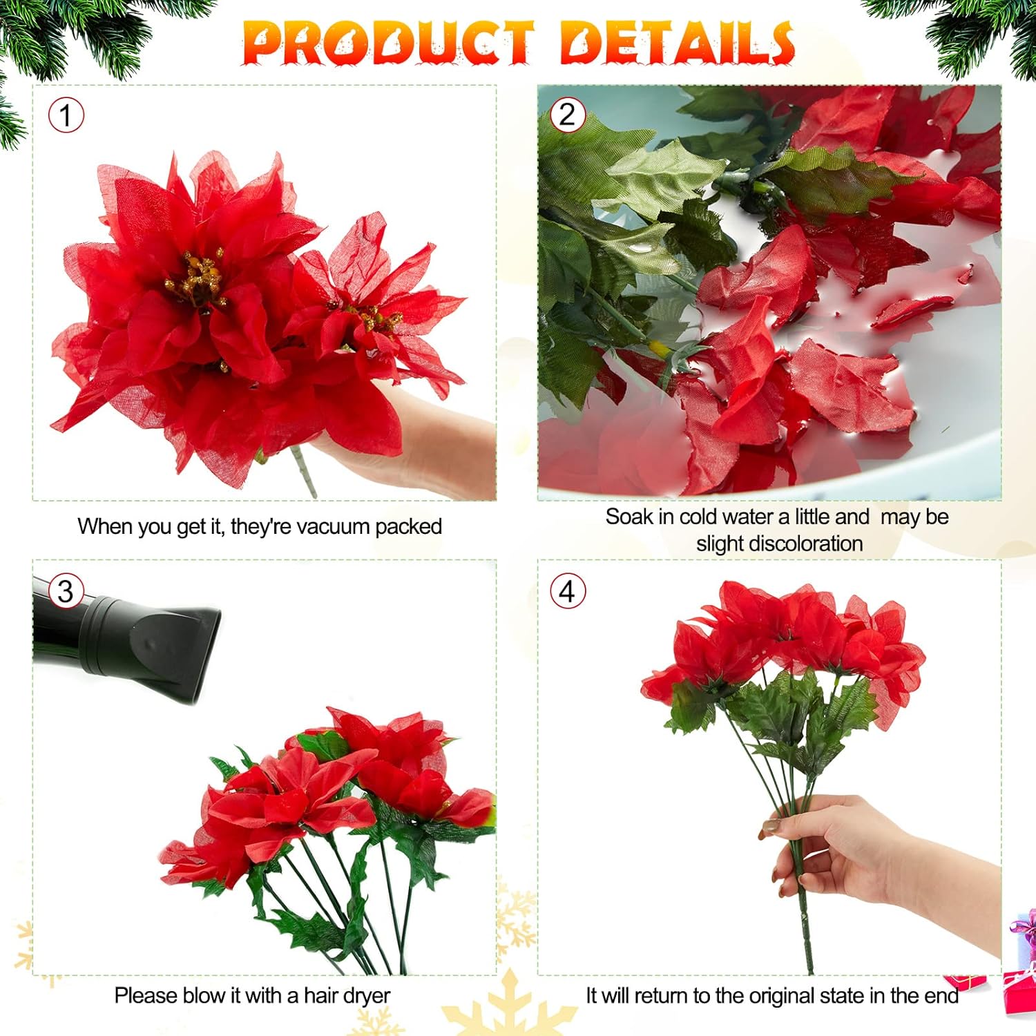 7 cabezas de flores de pascua artificiales de Navidad, ramos de flores de pascua sintéticas, adornos de árbol de Navidad de flor de pascua, adornos