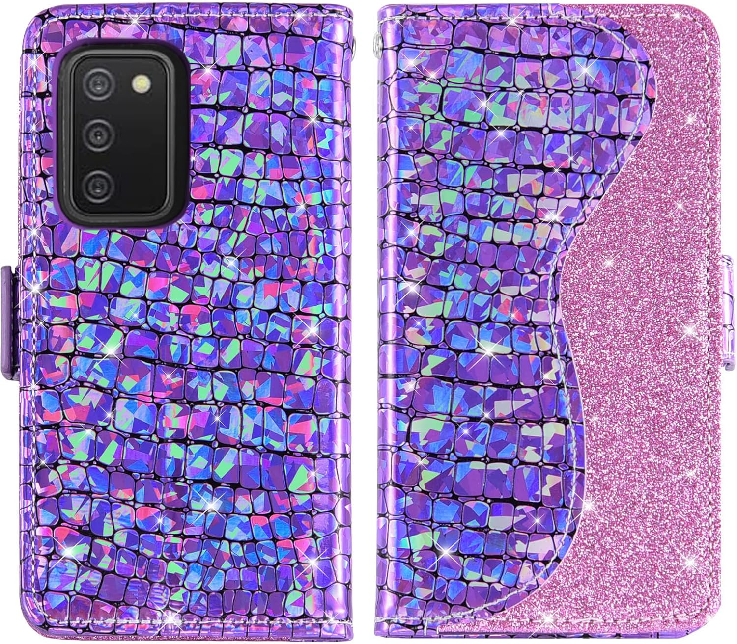 Asuwish Funda de teléfono para Samsung Galaxy A02s con protector de pantalla y correa para la muñeca, soporte para tarjetas con purpurina brillante,