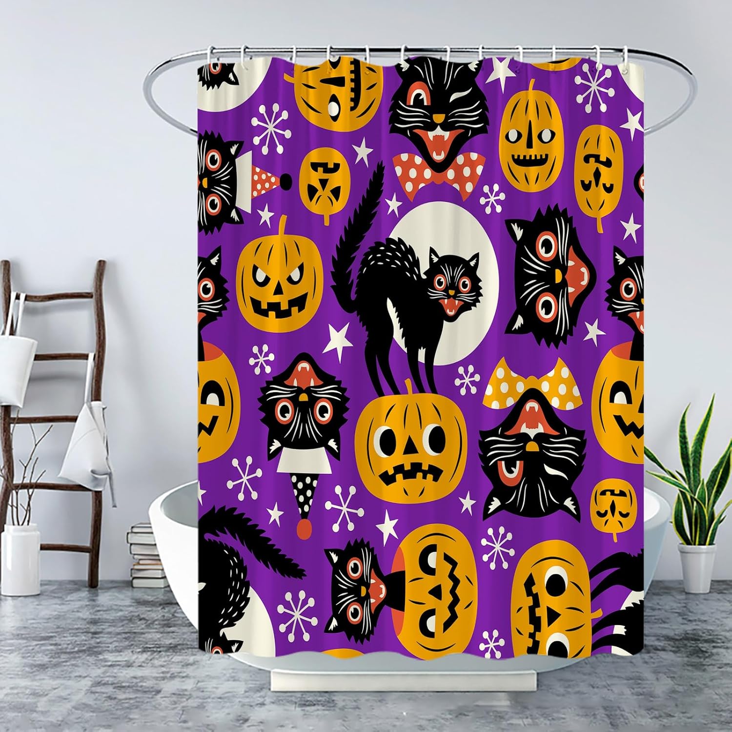 Cortina de ducha de Halloween, espeluznante gato negro, terror, calabaza naranja, bruja aterradora, gatos de luna llena, divertida cortina de baño