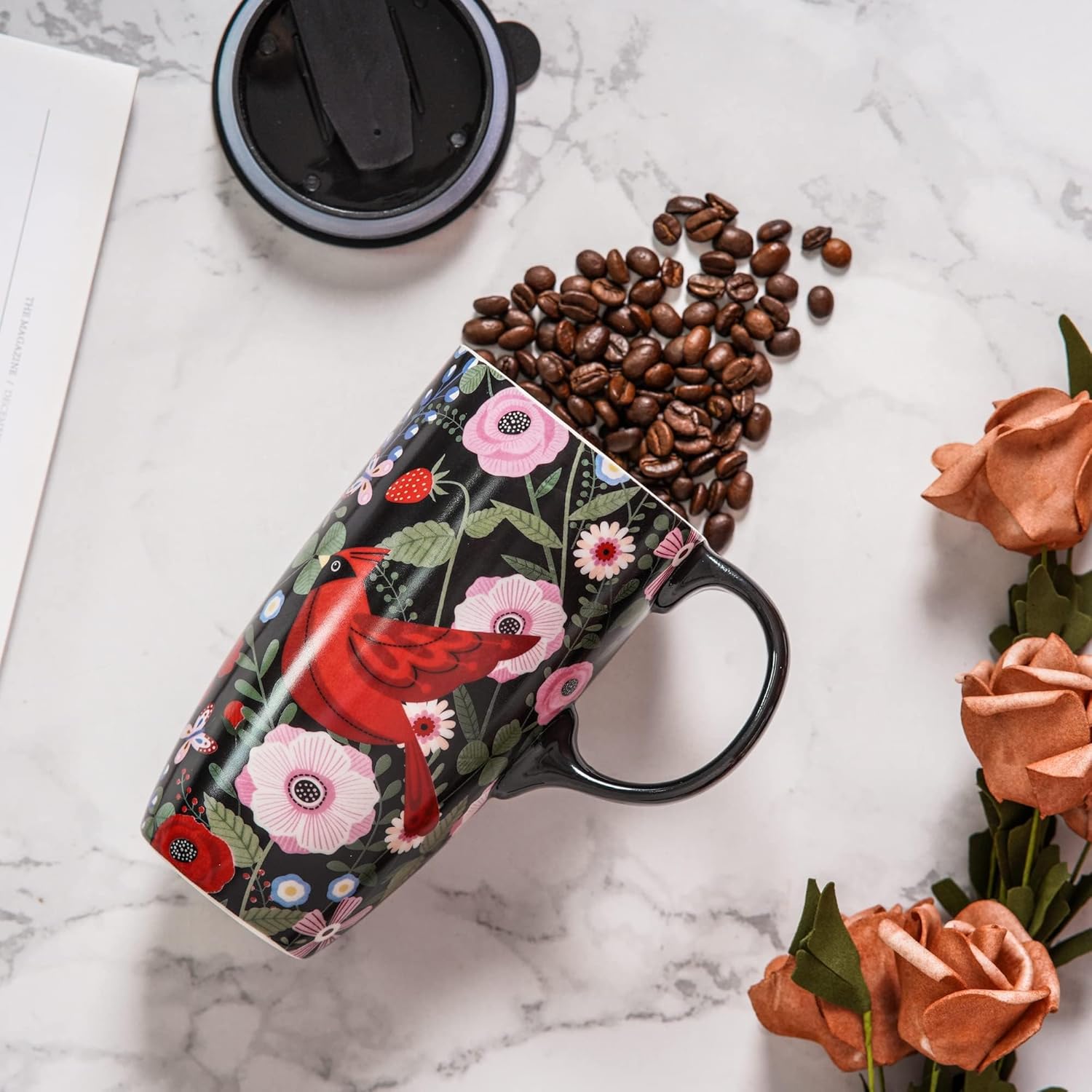 Topadorn Taza de café de cerámica reutilizable, regalo para el hogar y la oficina, 17 oz. Taza de viaje de porcelana con tapa y asa, taza de té de