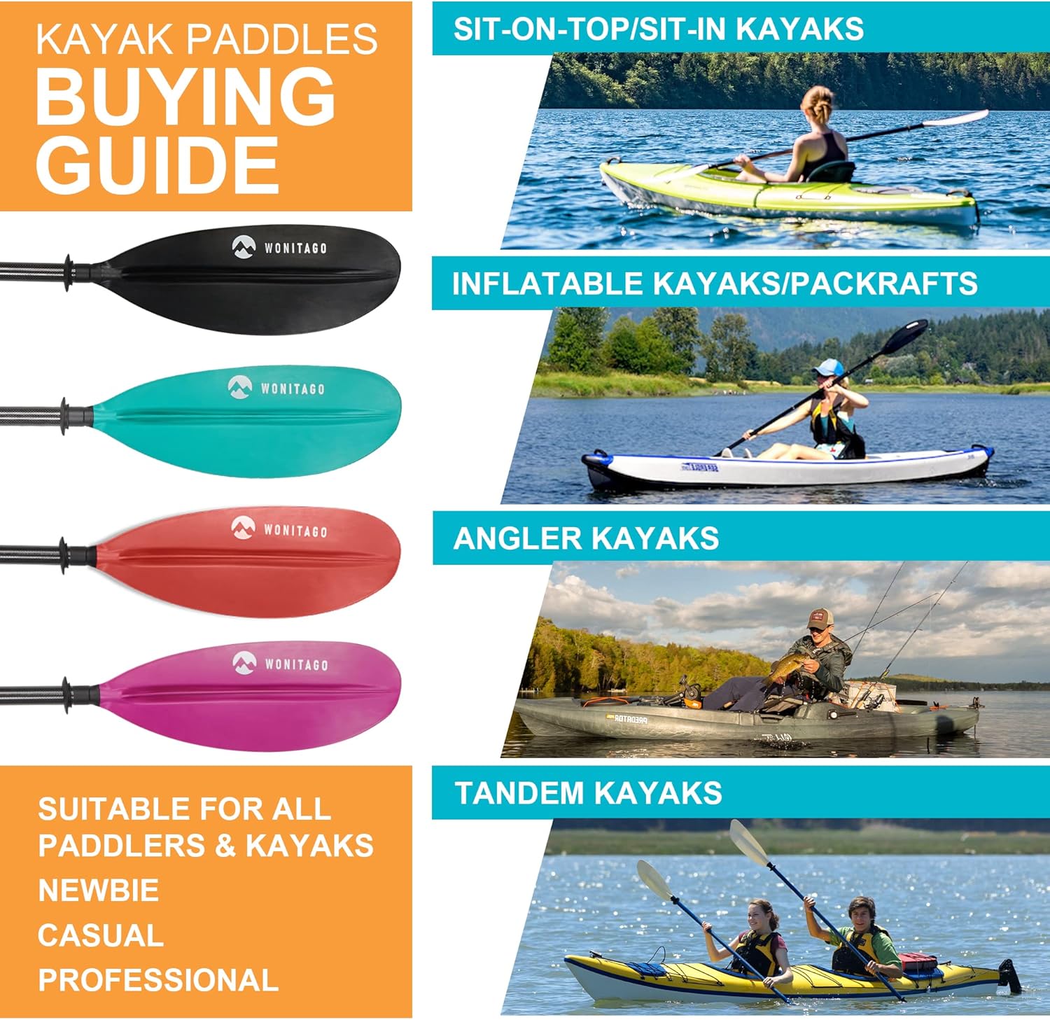 Adjustable Kayak Paddle with Carbon Shaft and PP Blade Available in 220-240cm 230cm-250cm Floating Lightweight Kayak Oars with Original Pattern