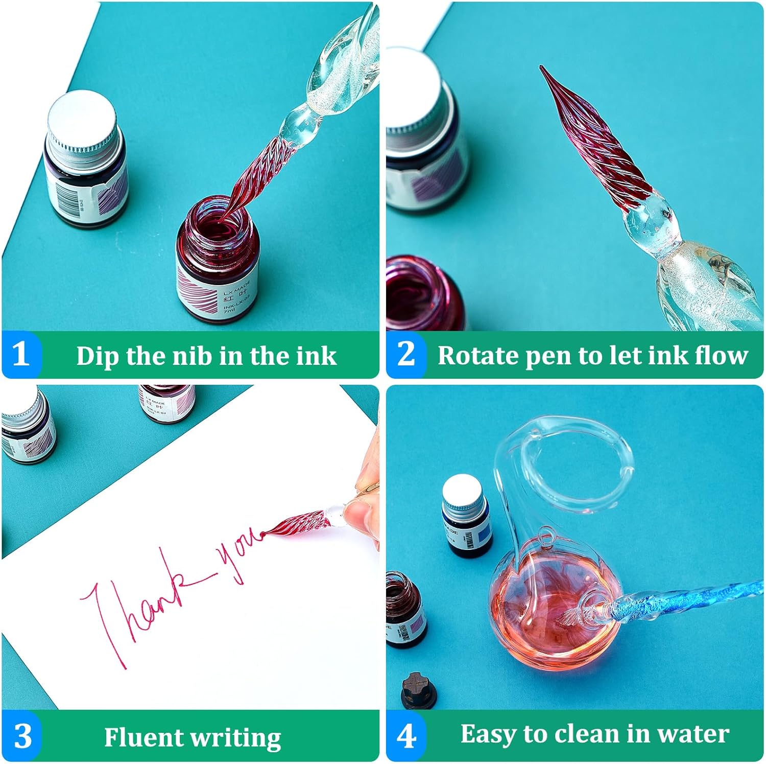 Zonon 6 bolígrafos de inmersión de vidrio hechos a mano con firma de cristal para caligrafía, bolígrafo vintage de tinta de inmersión de