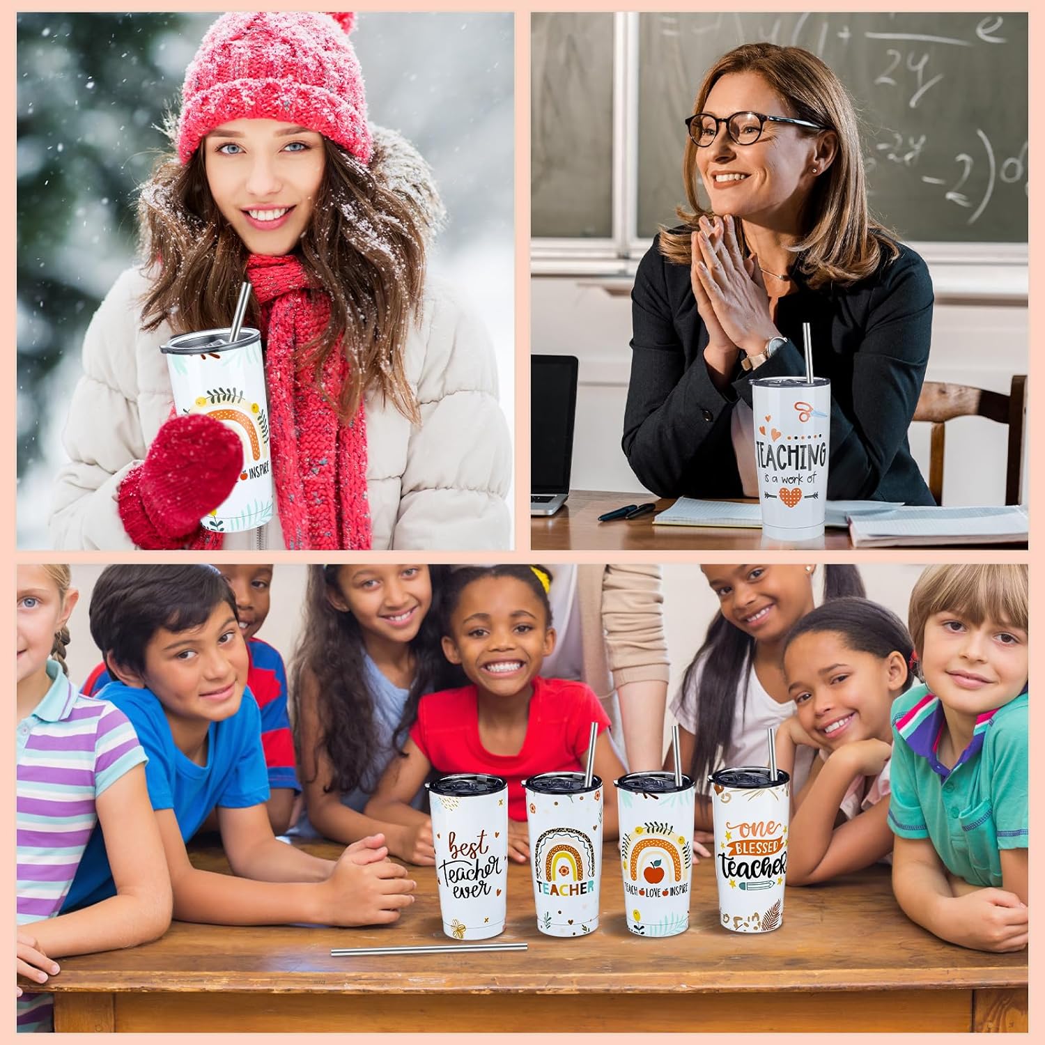 Paquete de 8 vasos de acero inoxidable de 20 onzas, regalos para profesores de estudiantes, adecuados para mujeres, tazas de agradecimiento, ideas