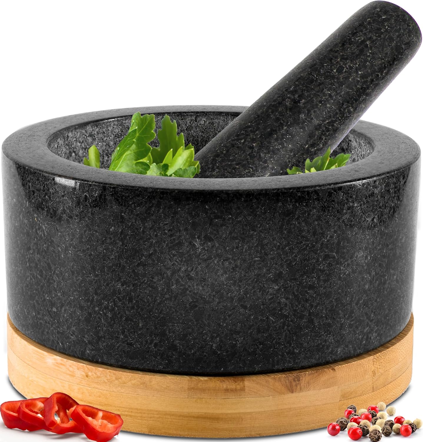 Juego de mortero y mortero de alta resistencia con base de bambú, 4 tazas extragrandes, mortero de granito 100% natural y cuenco de molinillo de