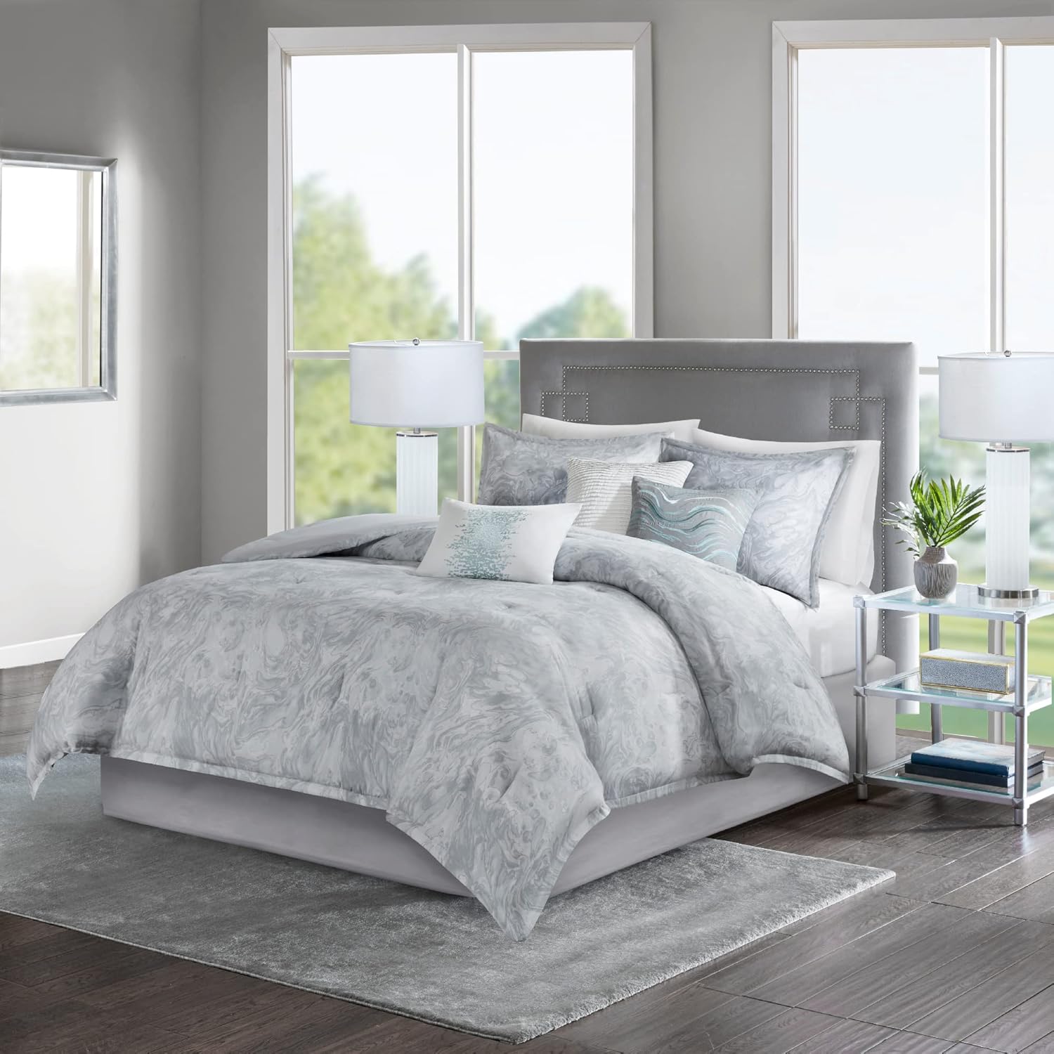 Madison Park Emory – Juego de edredón de algodón acogedor, diseño moderno de mármol para todas las estaciones, ropa de cama casual alternativa con