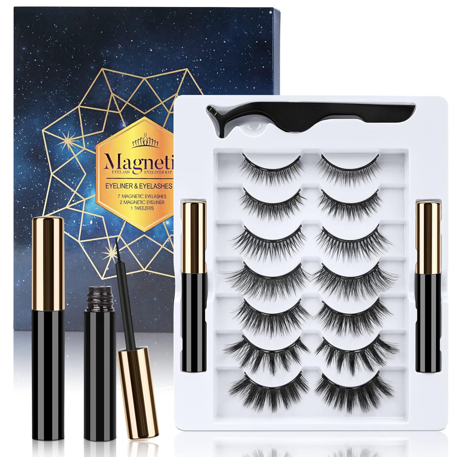 Pestañas magnéticas y delineador de ojos, 7 pares de pestañas magnéticas falsas reutilizables con 2 tubos, delineador líquido magnético impermeable