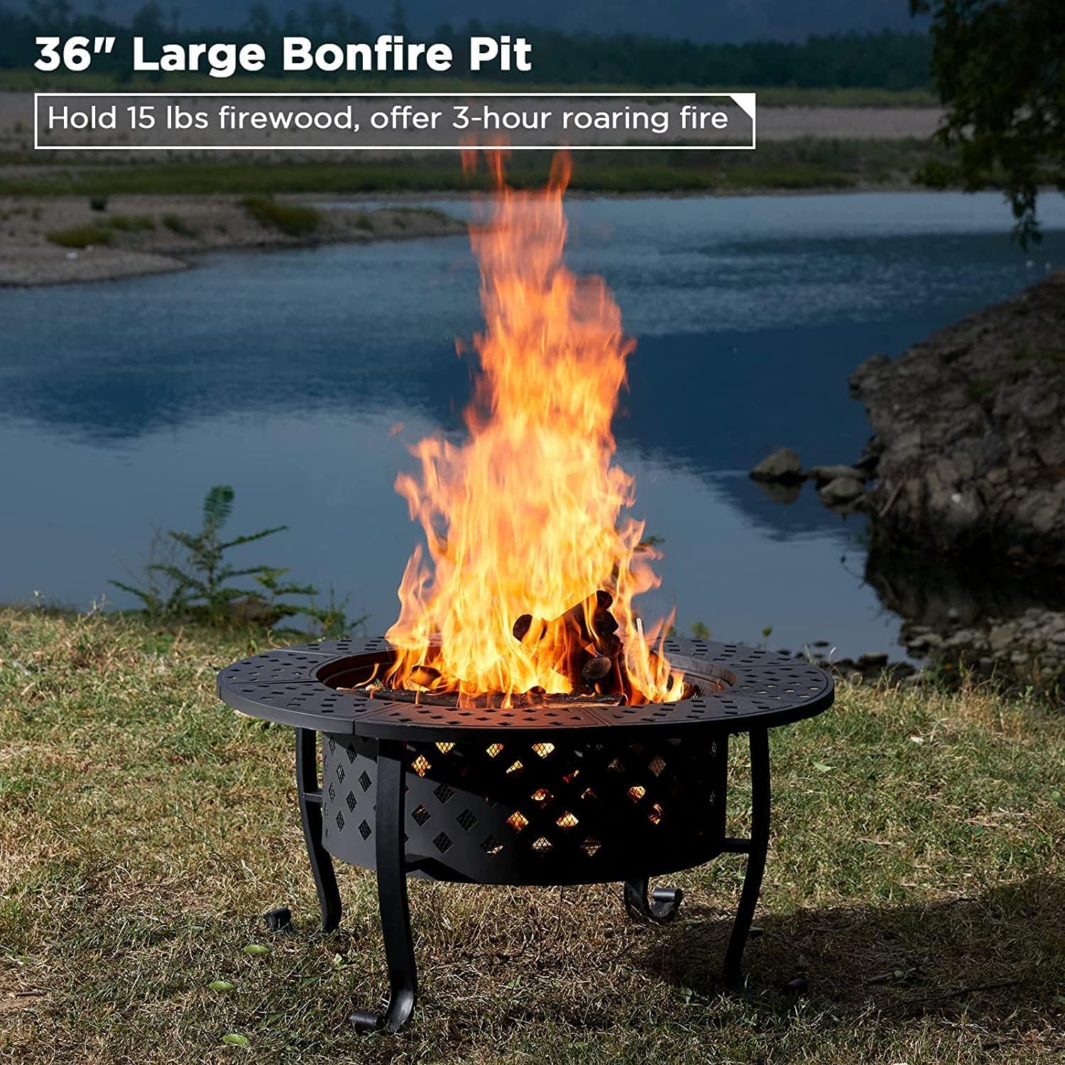 Fogatas al aire libre, hoguera de leña con 2 parrillas y tapa, mesa redonda de metal para hoguera, patio, jardín, campamento, playa (36 pulgadas)