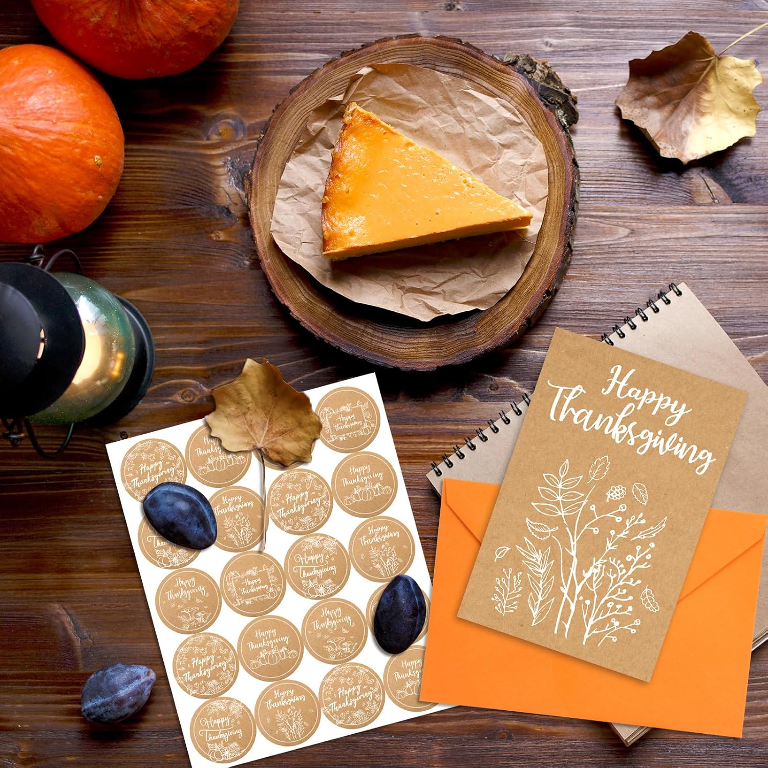 WorldBazaar Tarjetas de Acción de Gracias con sobres, 24 unidades, calabaza de otoño, tarjetas de felicitación de papel kraft para otoño y Acción de