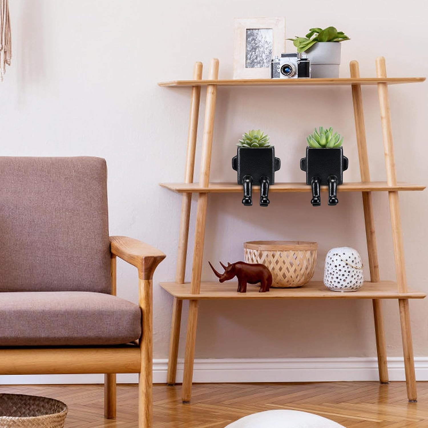 Suculentas falsas en macetas de cerámica negra de forma humana moderna con patas colgantes, bonitas plantas falsas para decoración de estantes,