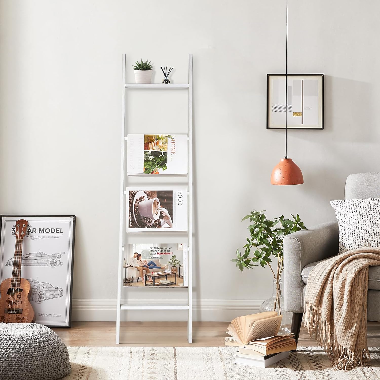 Ecomex Escalera para mantas, escalera para toallas, estante de madera para mantas, estante de manta de 5 niveles decorativo de pared inclinado para