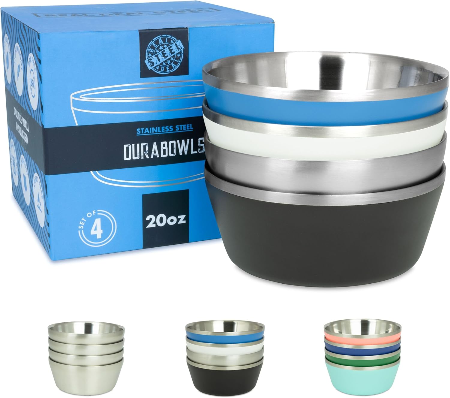 Tazones aislados de acero inoxidable para niños y adultos, juego de 4 cuencos de metal de doble pared de 20 onzas para helado, sopa, cereales,