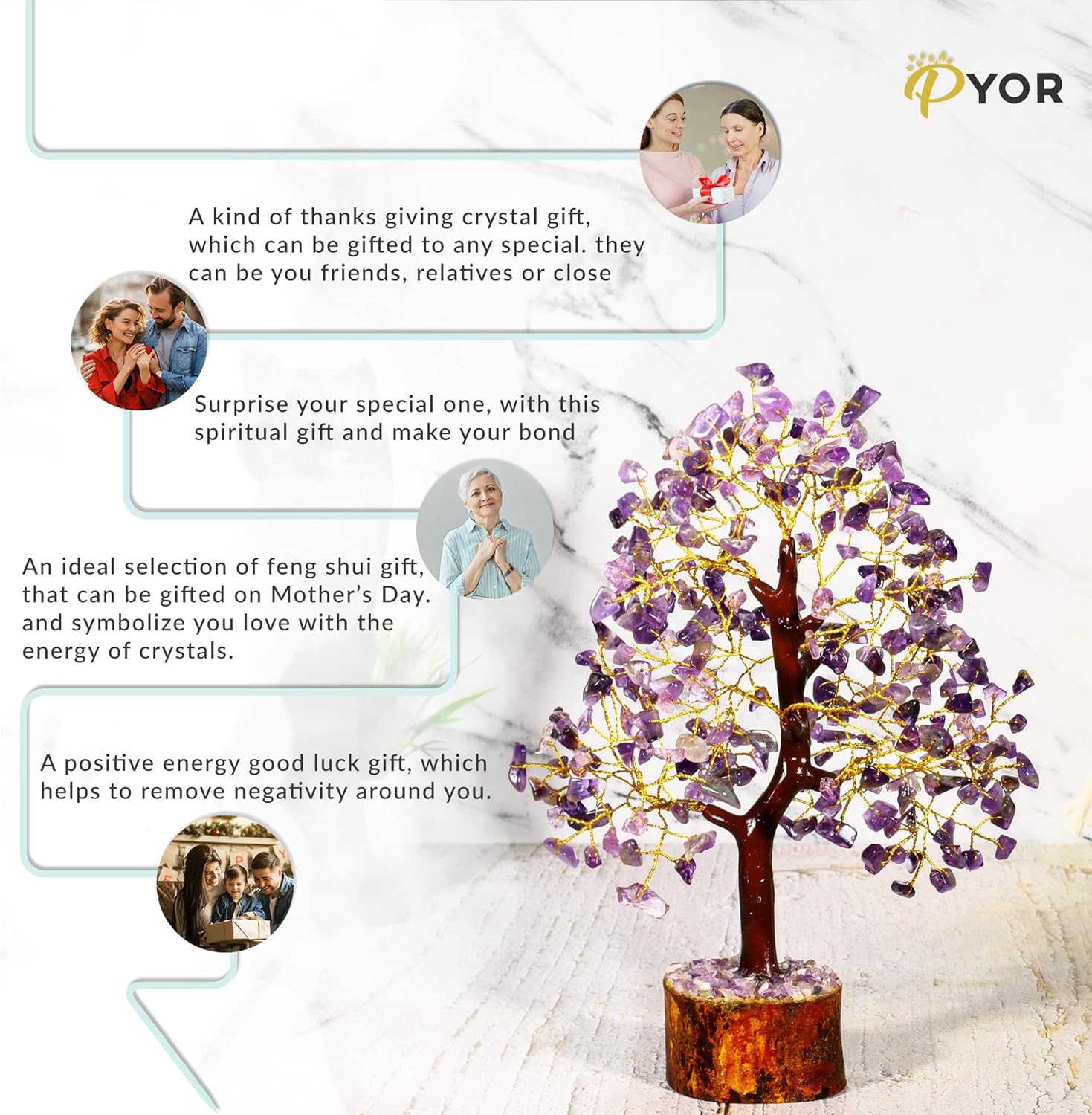 PYOR Cristales de amatista, árbol artificial, árboles de dinero, cristales y piedras, decoración de escritorio para mujer, decoración de Feng Shui,