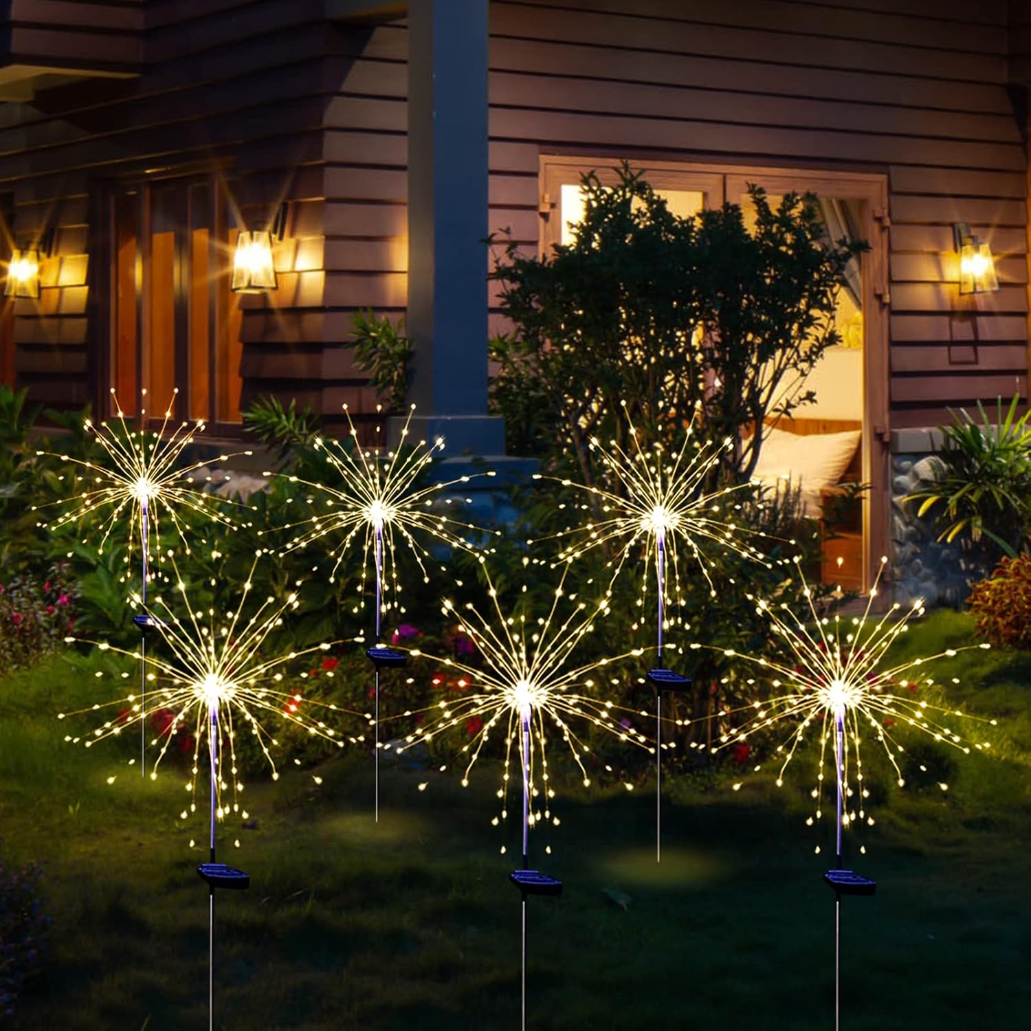 Luces solares de fuegos artificiales para jardín, impermeables, paquete de 2 unidades, energía solar, estaca de arte, iluminación parpadeante para