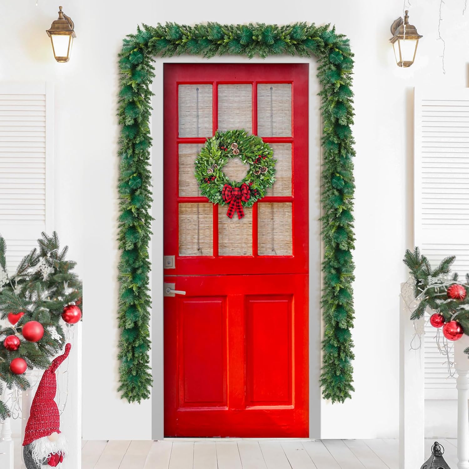 Jin&Bao Guirnalda de Navidad de 9 pies con luces, 100 luces LED, guirnalda de pino verde preiluminada, decoraciones de Navidad con temporizador, 8