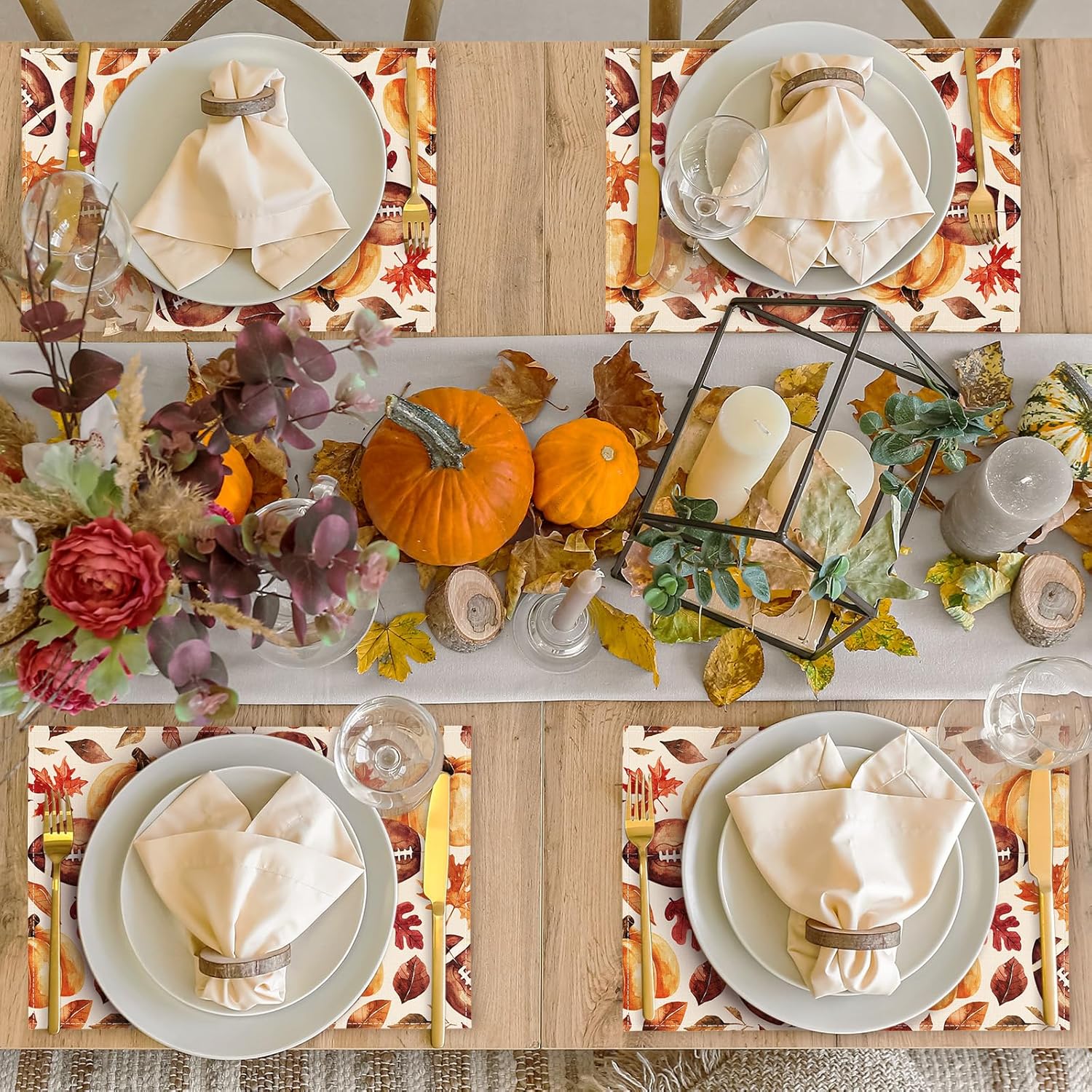 AnyDesign – Mantel individual de otoño, acuarela, calabaza, fútbol, hojas de arce, rústico, otoño, antideslizante, resistente al calor, decoración