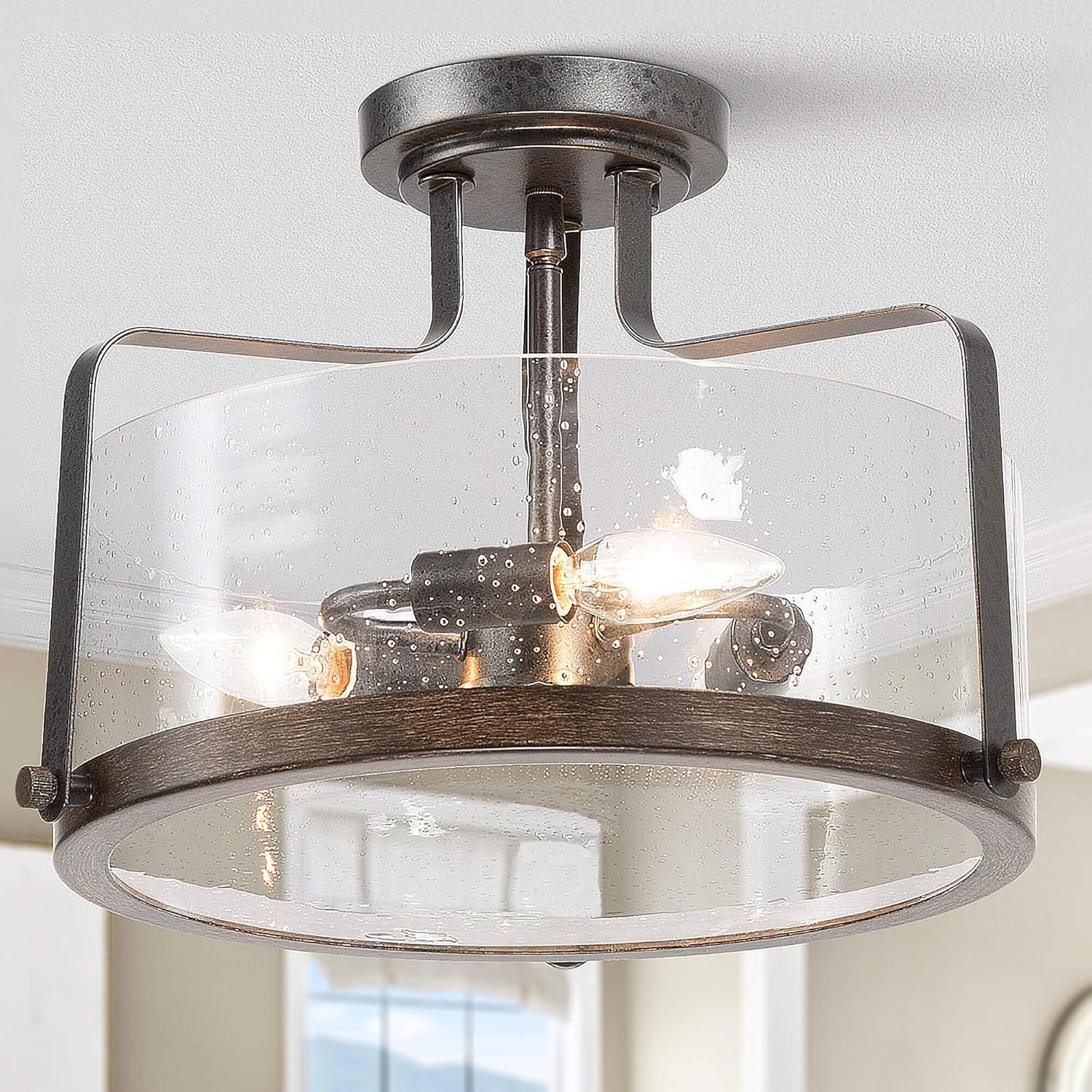 Optimant Lighting Lámpara de techo semiempotrada estilo granja, 3 lámparas cerca del techo con vidrio sembrado para pasillo, dormitorio, comedor,