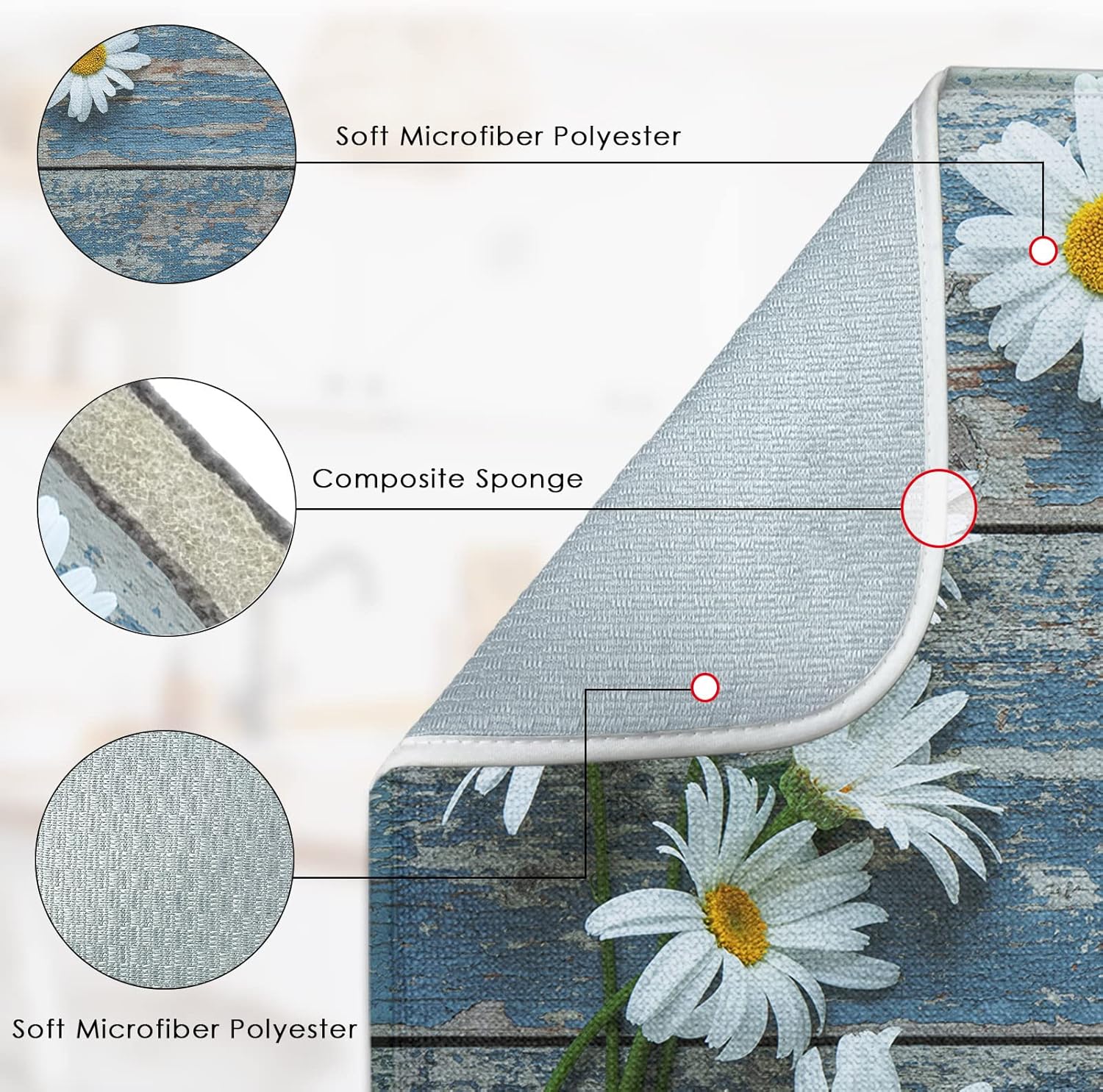 Tapete absorbente para secar platos, almohadilla de microfibra de madera de madera con margaritas de verano para encimera de cocina, decoración de