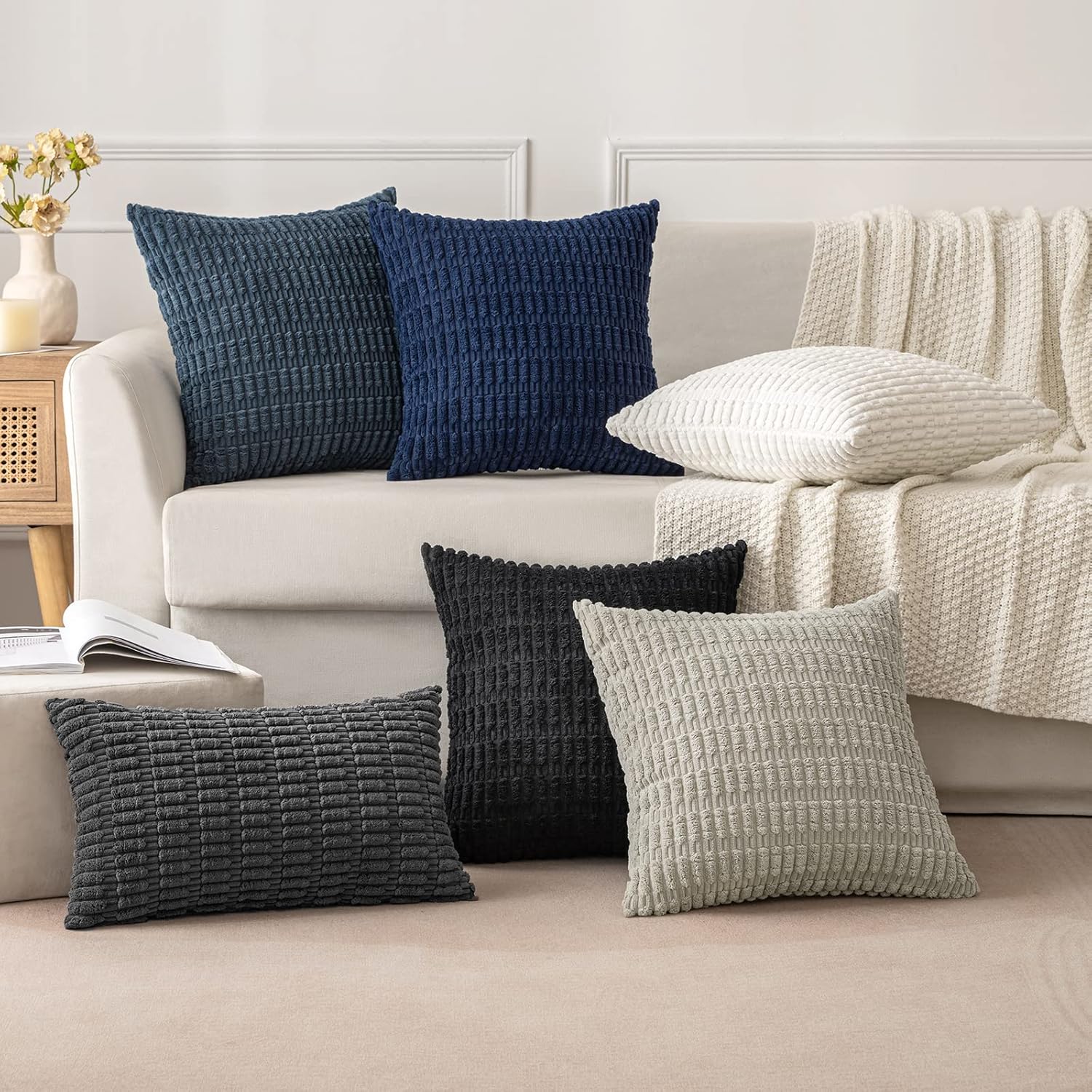 MIULEE Paquete de 2 fundas de almohada decorativas de pana de 16 x 16 pulgadas, fundas de almohada suaves y bohemias a rayas, decoración moderna