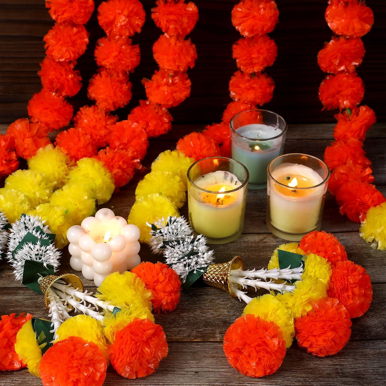 5 guirnaldas de caléndula para decoración de flores artificiales de caléndula de 5 pies de largo, decoración tradicional india, guirnaldas largas