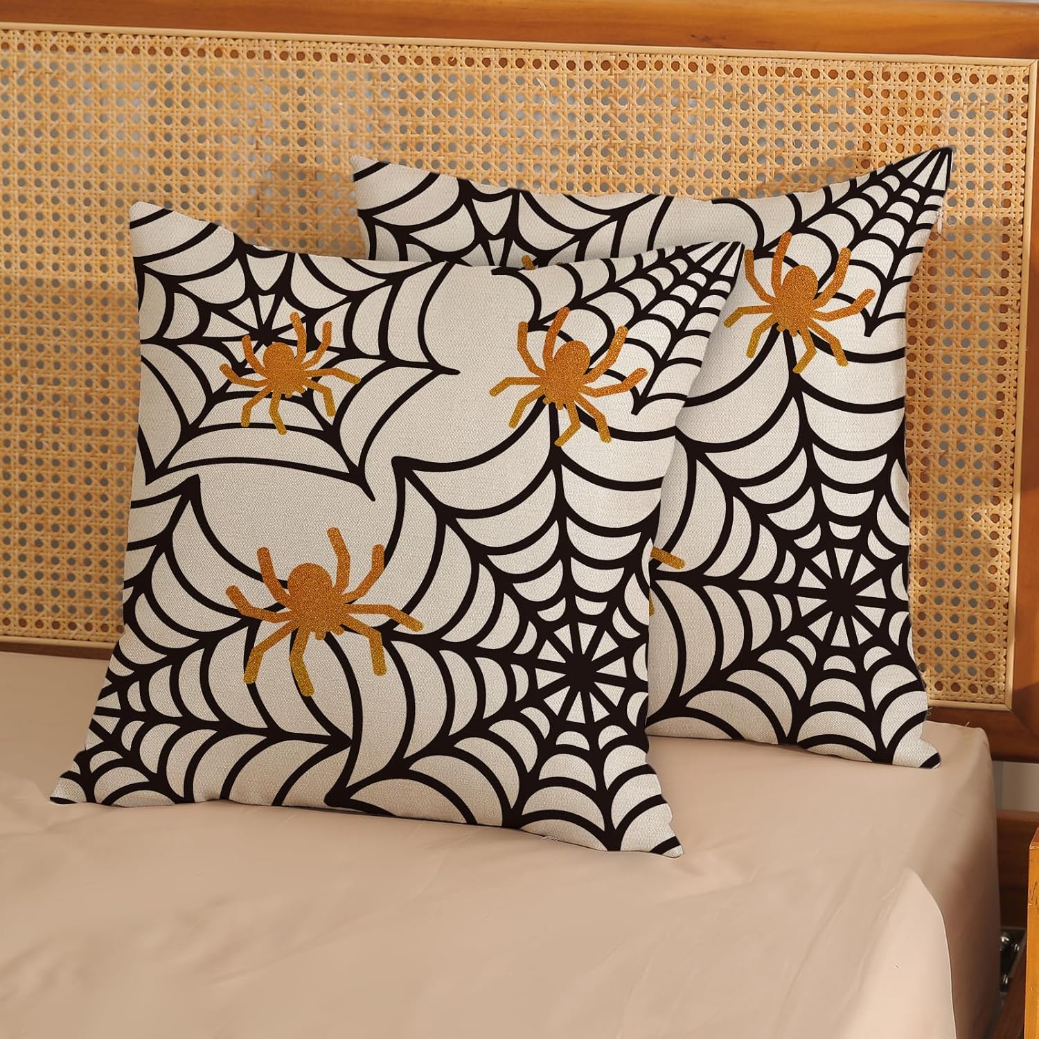 QANOK Juego de 2 fundas de almohada de Halloween de 20 x 20 pulgadas, decoración de Halloween, almohadas de tela de araña, fundas de cojín