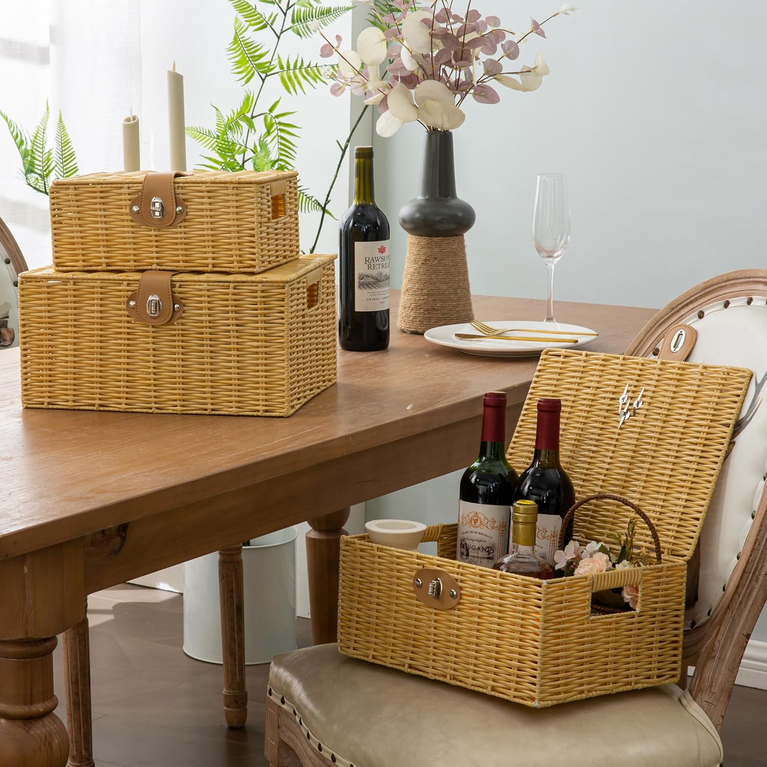 Homepeaz Cestas de almacenamiento de mimbre con tapas, juego de 3 cajas de almacenamiento decorativas para organizar, cestas tejidas con cerradura