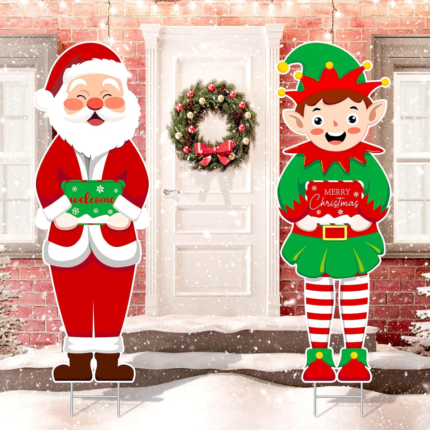 2 carteles de Navidad con estacas de elfo grande, decoraciones de Navidad al aire libre, césped de Navidad, letrero de bienvenida para Navidad,