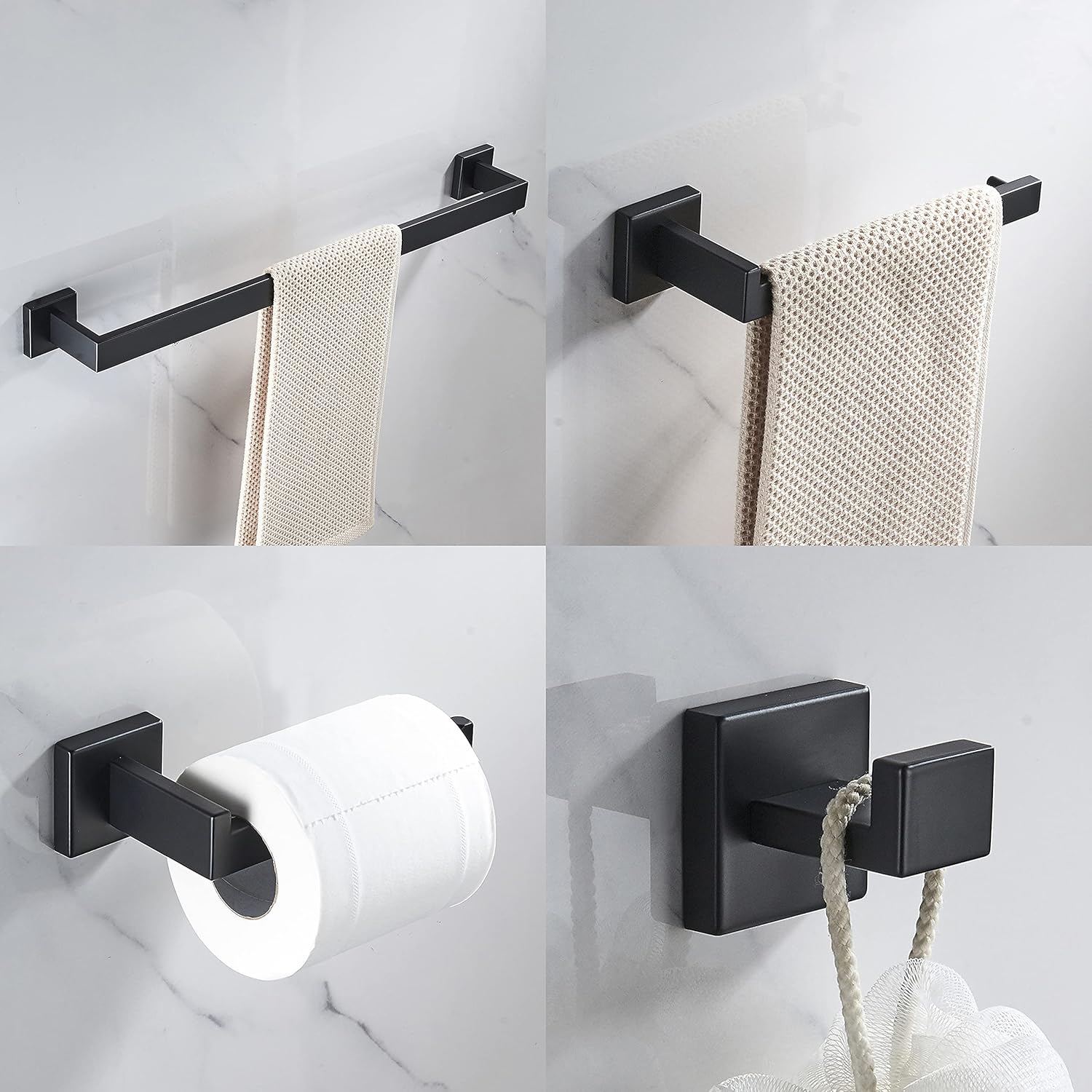 JunSun Juego de accesorios de baño cuadrado de 4 piezas (toallero para papel higiénico, gancho para bata), accesorios de baño contemporáneos
