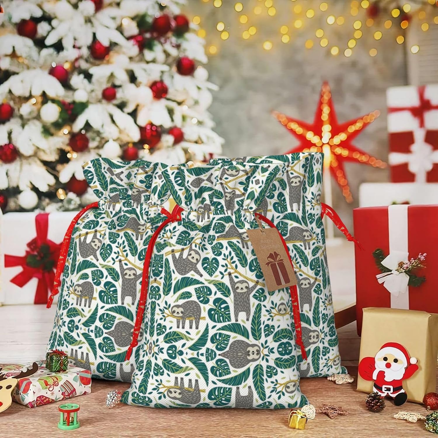MyPiky Adorables bolsas de regalo de Navidad con estampado de perezosos, bolsas de regalo de 8.3 x 11.8 pulgadas, bolsa de almacenamiento para