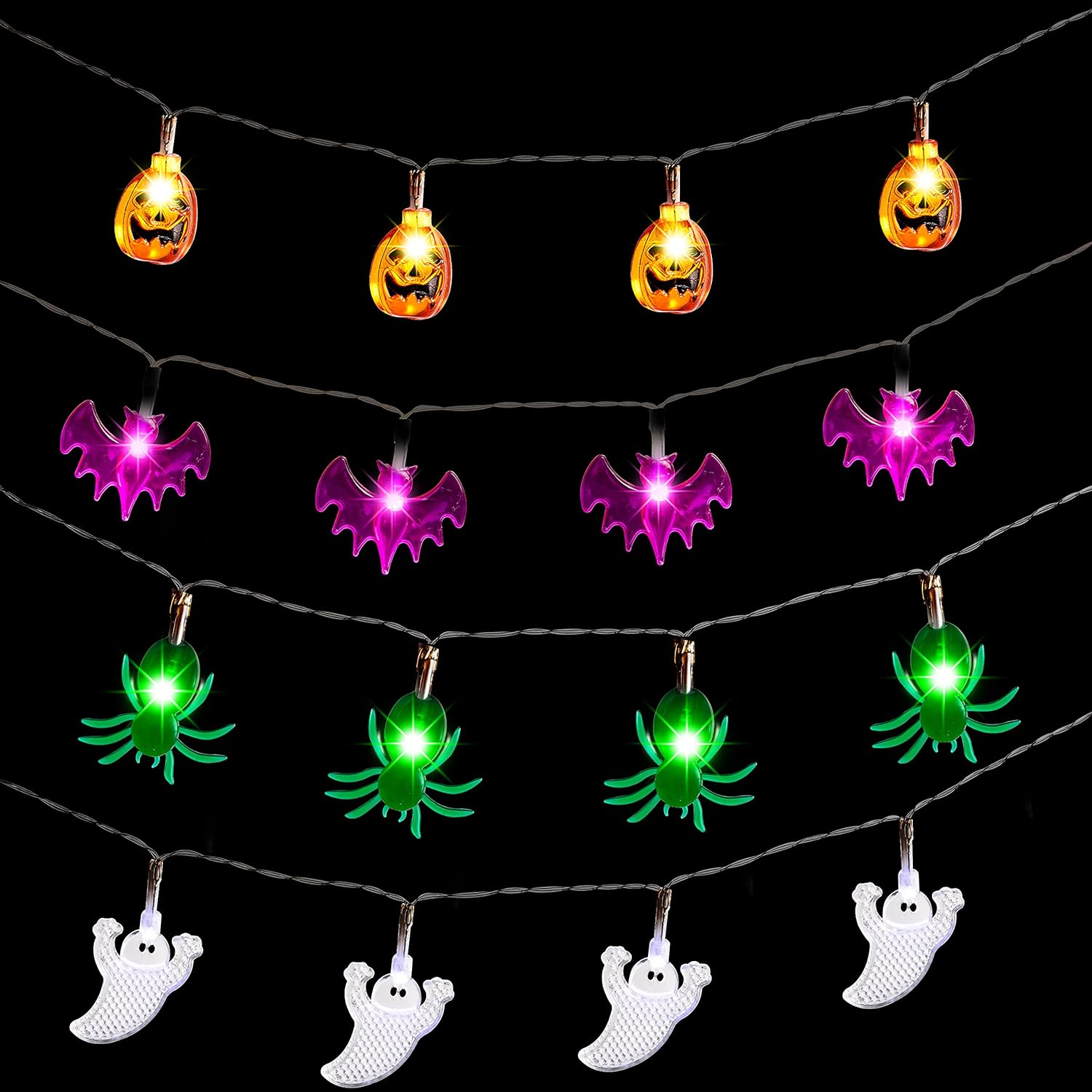 JOYIN Decoraciones de luces de Halloween, juego de 4 tiras de luces a pilas (calabaza murciélago fantasma araña) con temporizador, 4 x 15 pies, 8