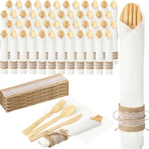 Layhit Juego de 50 cubiertos de bambú con servilletas preenrolladas y servilleteros de encaje, utensilios de bambú que incluyen 50 tenedores, 50 Layhit Juego de 50 cubiertos de bambú con servilletas preenrolladas y servilleteros de encaje, utensilios de bambú que incluyen 50 tenedores, 50