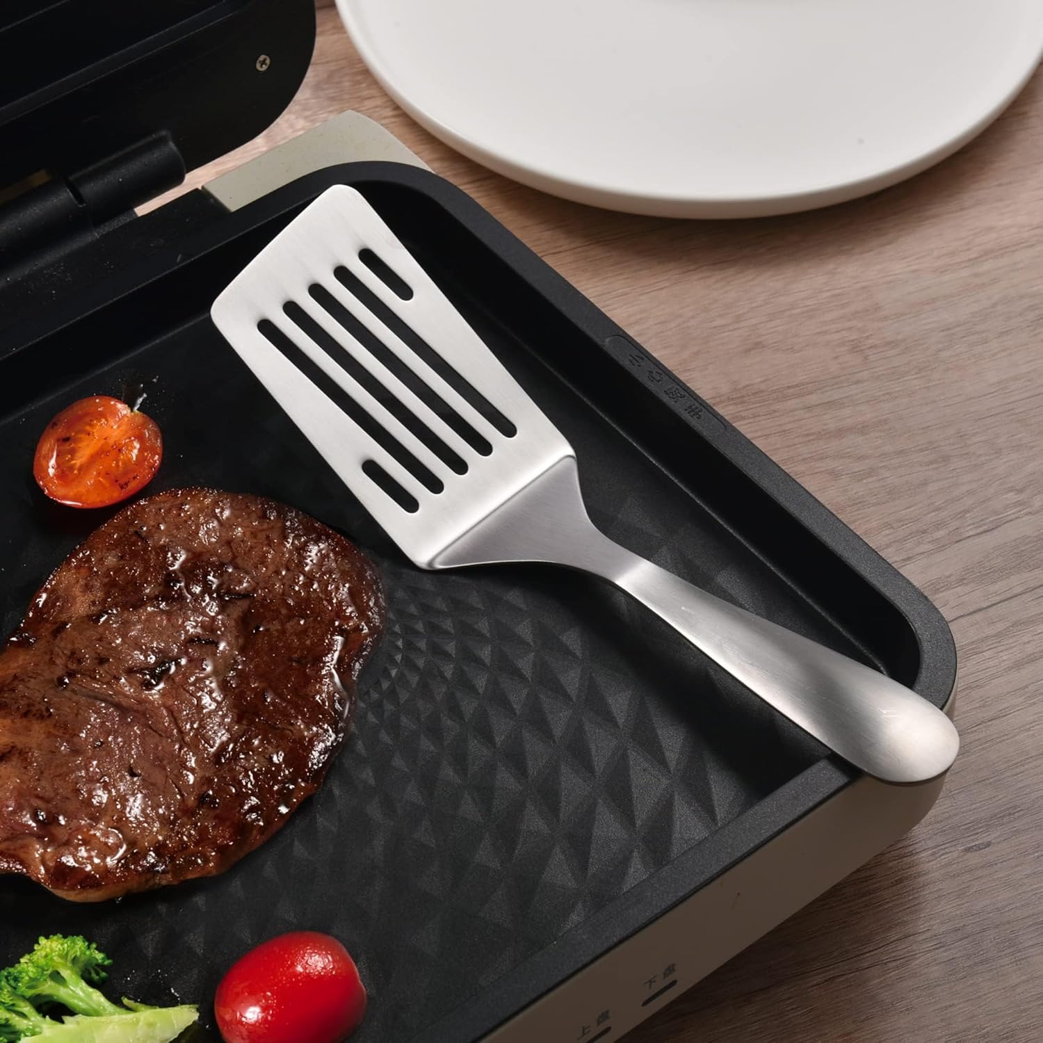 IMEEA Juego de espátulas de metal SUS304 – Espátula de parrilla de acero inoxidable con ranura para hamburguesa con parte superior plana para