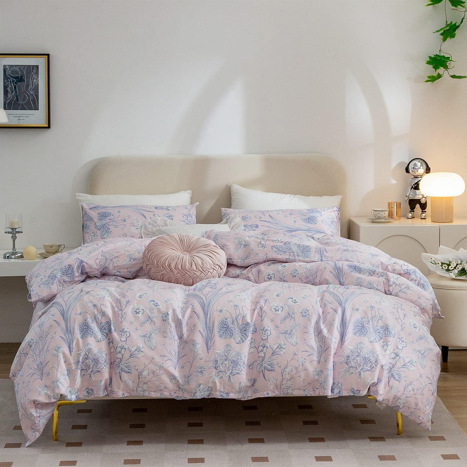 Funda de edredón, 100 % algodón, juego de ropa de cama de 3 piezas con diseño floral en rosa para niñas, estampado elegante estilo jardín con ramas