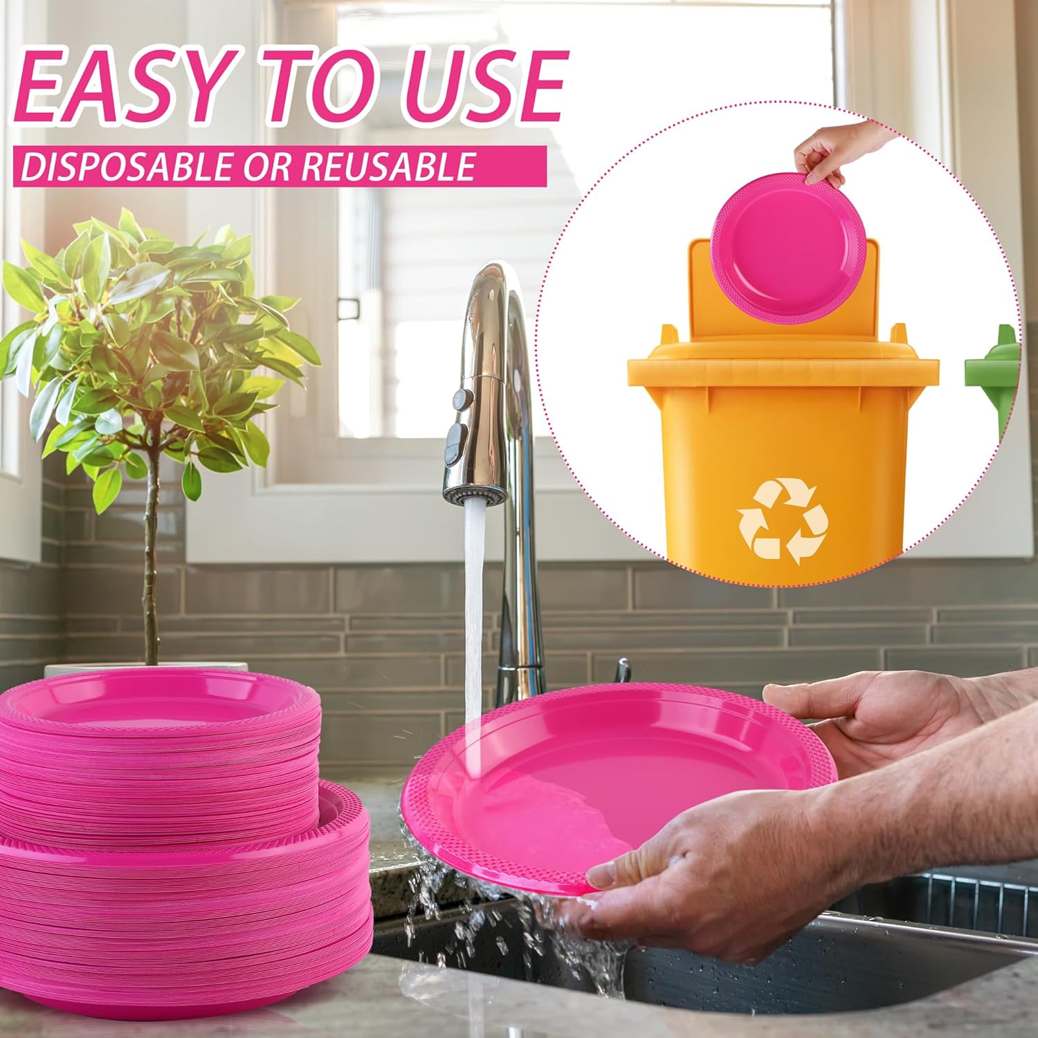 ADXCO Juego de vajilla desechable de 700 piezas, color rosa intenso, incluye platos de plástico, vasos, cuchillos, tenedores, cucharas, servilletas