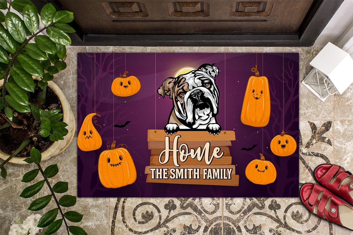 Kobalo Tapete personalizado de bulldog inglés, divertido tapete de Halloween para puerta de perro, calabaza aterradora, felpudo de bienvenida, para