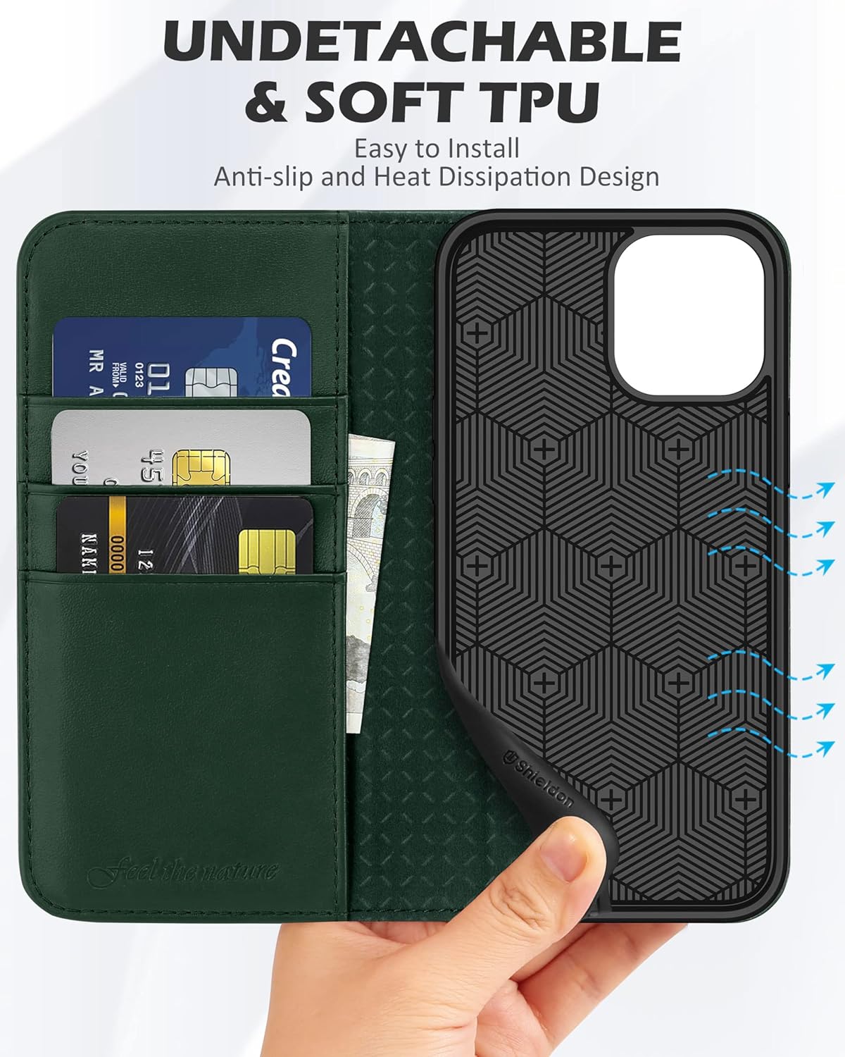 SHIELDON – Funda para iPhone 1212 Pro, cuero genuino, cubierta magnética, tarjetero con bloqueo RFID, kickstand, funda protectora a prueba de