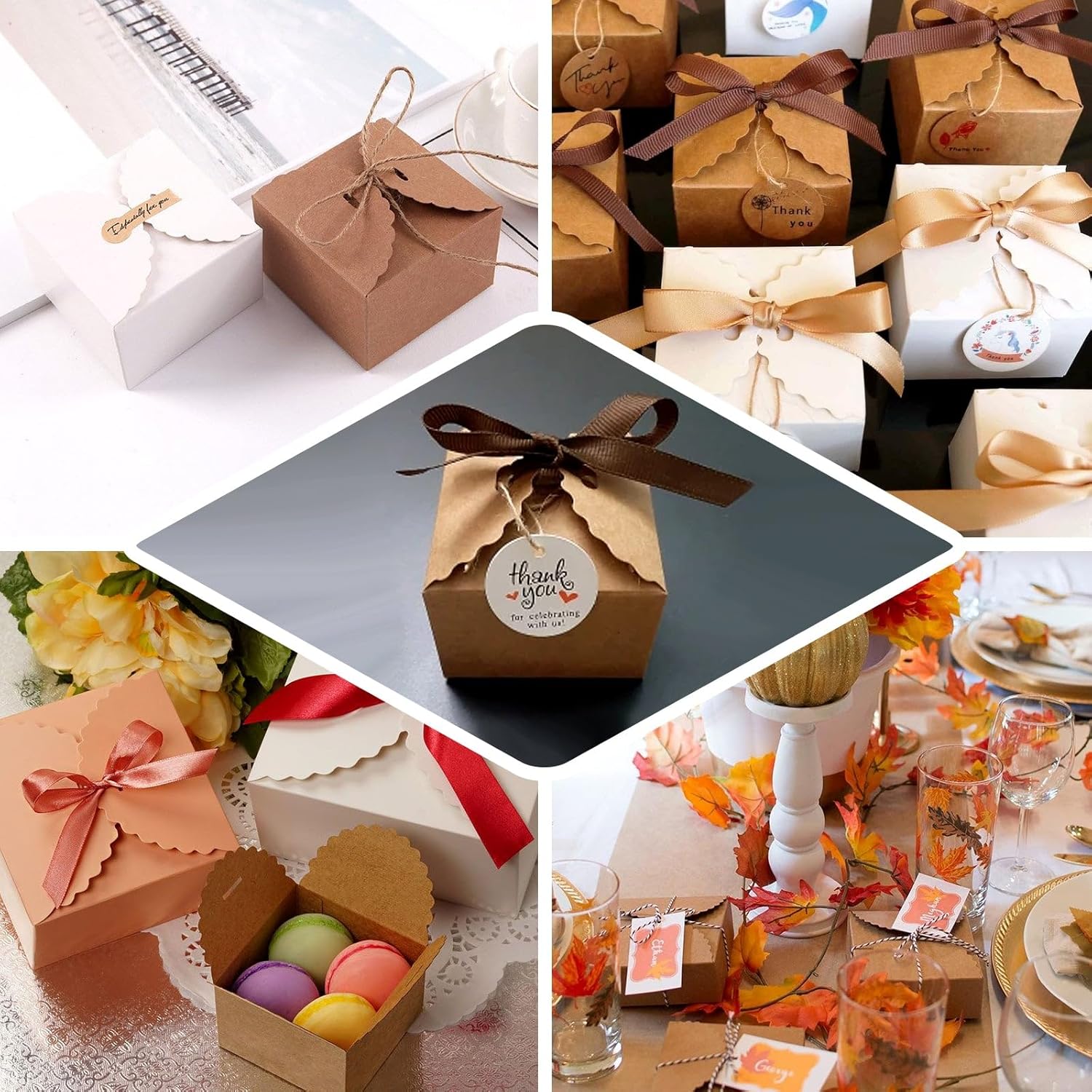 Efavormart – Paquete de 25 cajas de regalo con borde festoneado blanco, cajas de regalo de dulces para fiesta de boda con cintas de grogrén – 2.5 x