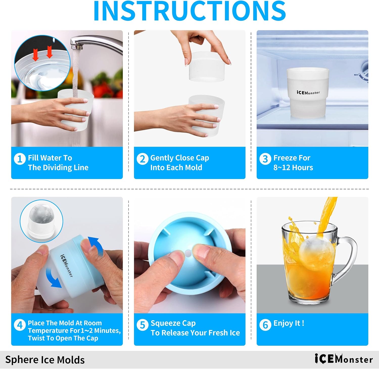 Ice Monster – Molde de hielo esférico, molde para hielo para whisky, bola de hielo, cubo de hielo redondo, molde para cubo de hielo grande Bourbon,
