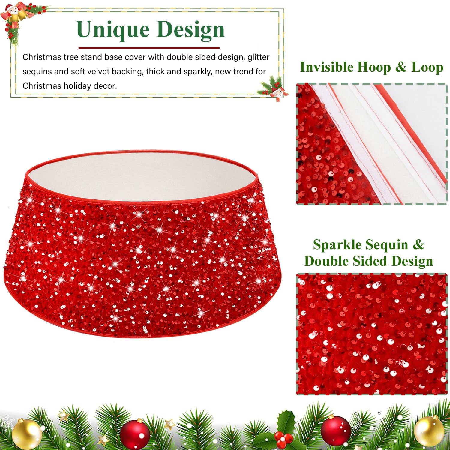 Falda de árbol de Navidad roja con lentejuelas y lentejuelas de 23.6 pulgadas, faldas de terciopelo con purpurina para árbol de Navidad, anillo de