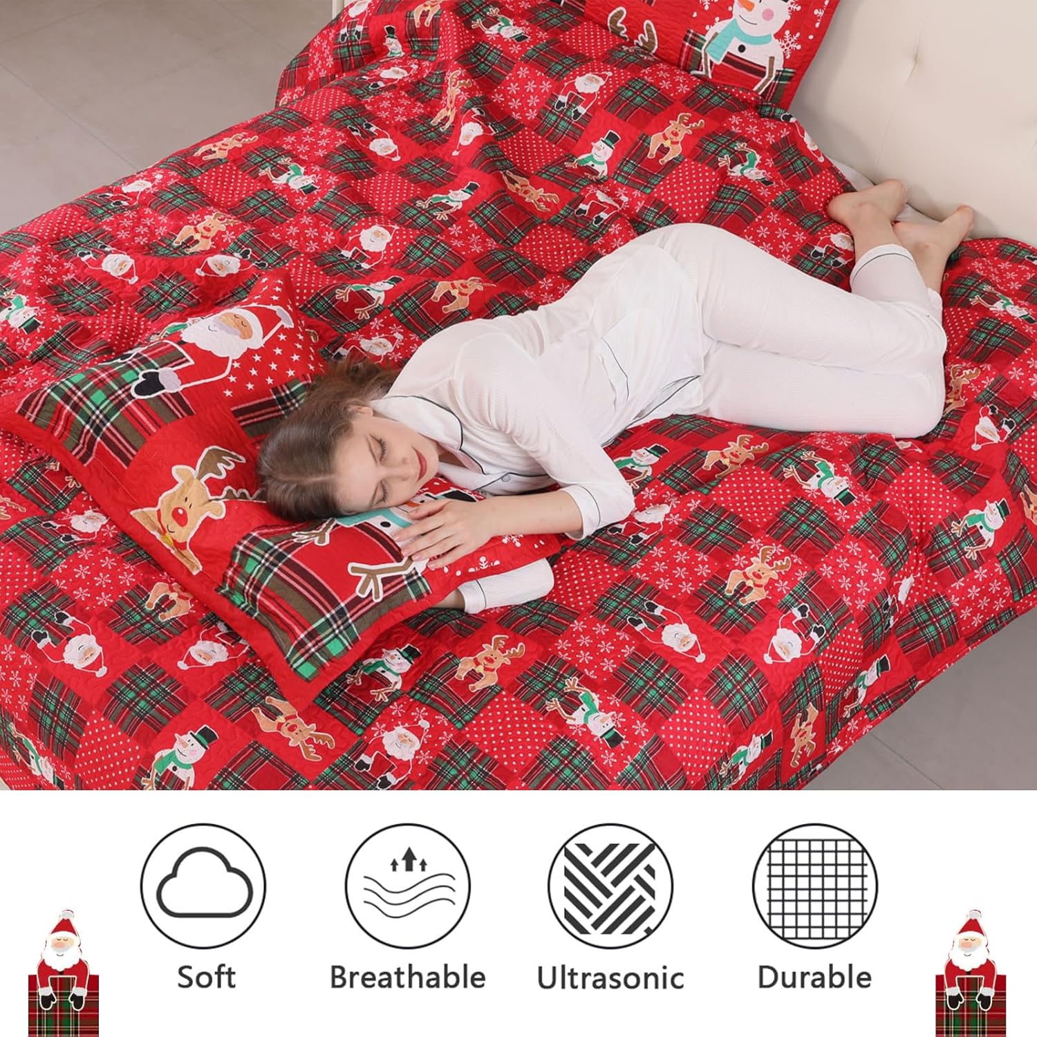Colchas reversibles de Papá Noel de Navidad, color rojo, verde, tamaño King, diseño de reno, muñeco de nieve, colcha a cuadros, regalo de Año Nuevo,
