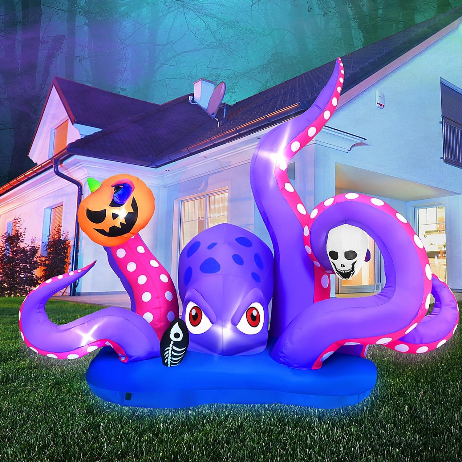 Pulpo gigante inflable de Halloween con calabaza y calavera para decoración de Halloween al aire libre, decoración inflable de Halloween con LED