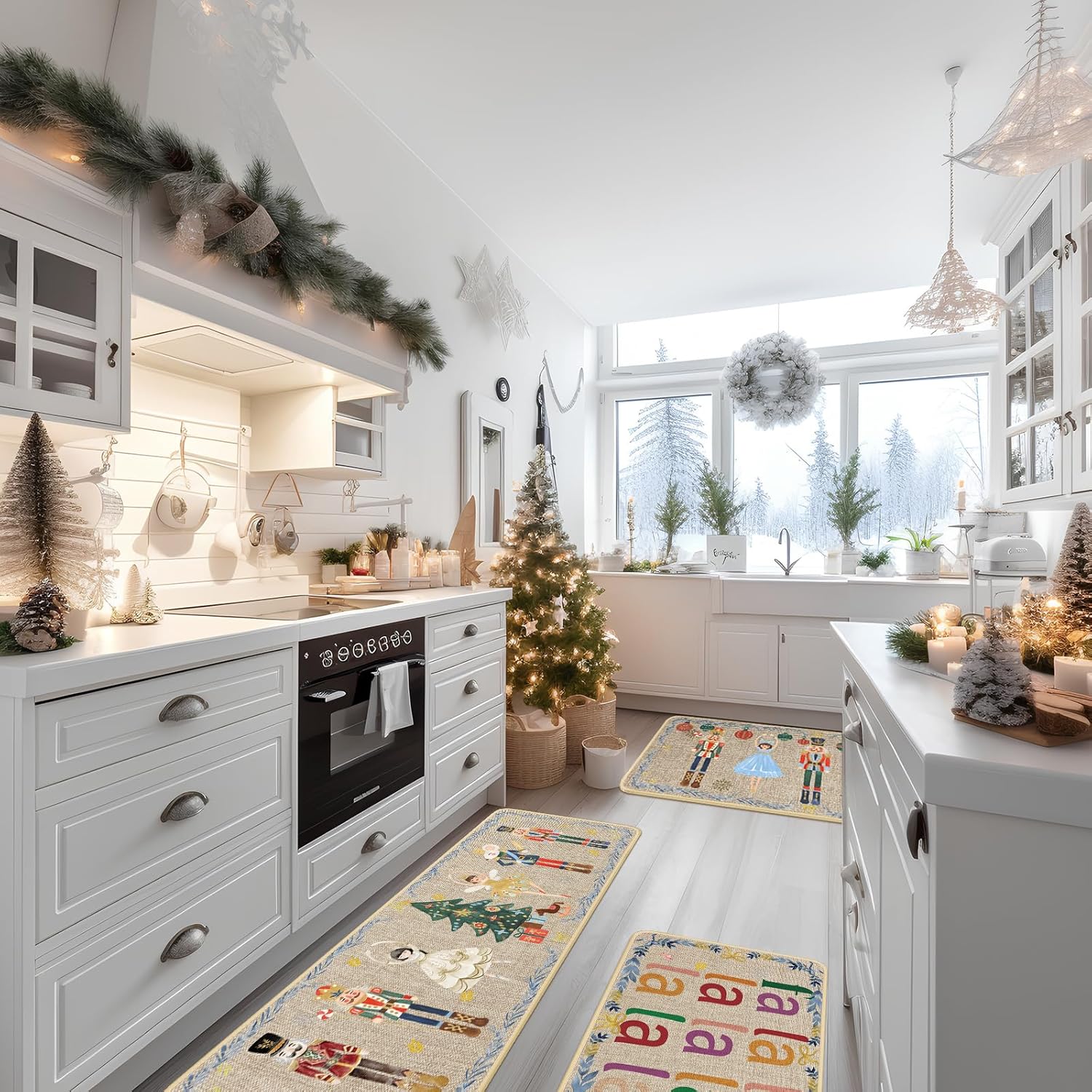 Layhit Juego de 3 tapetes de cocina de Navidad con alfombras y tapetes de pasillo de acuarela, tapetes decorativos de cocina de Navidad, alfombra de