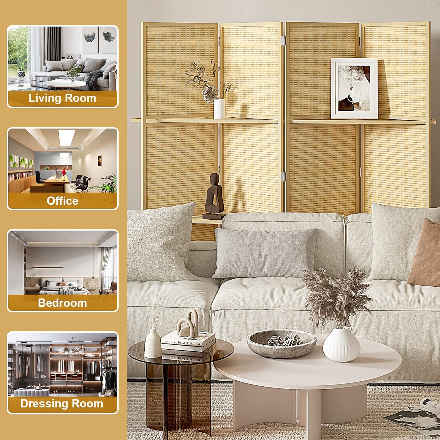 Salfanre Divisor de habitación con estantes, separadores de habitación y pantallas plegables de privacidad, divisor de habitación de bambú, divisor