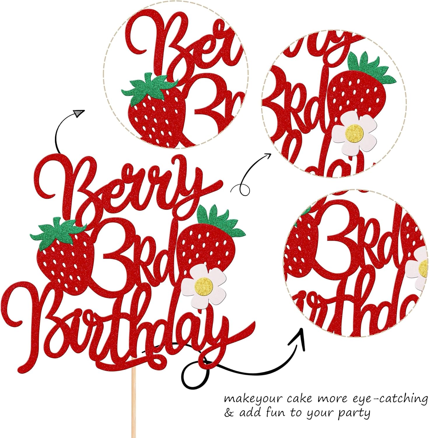 1 pieza de fresa y bayas para pastel de tercer cumpleaños con purpurina y tema de fruta dulce, selección de pastel de fresa para temática de fresa,